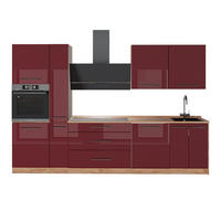 KÜCHENZEILE Fame-Line, Bordeaux Hochglanz/Goldkraft Eiche, 310 cm, AP Eiche - Honigeiche/Bordeaux, Holzwerkstoff (310/206.8/60cm) - Vicco