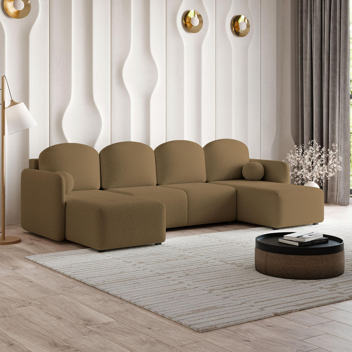 WOHNLANDSCHAFT NUBERO Orange Boucle-Stoff mit Schlaffunktion - Orange, Holz (285/85/143cm) - MASSENO