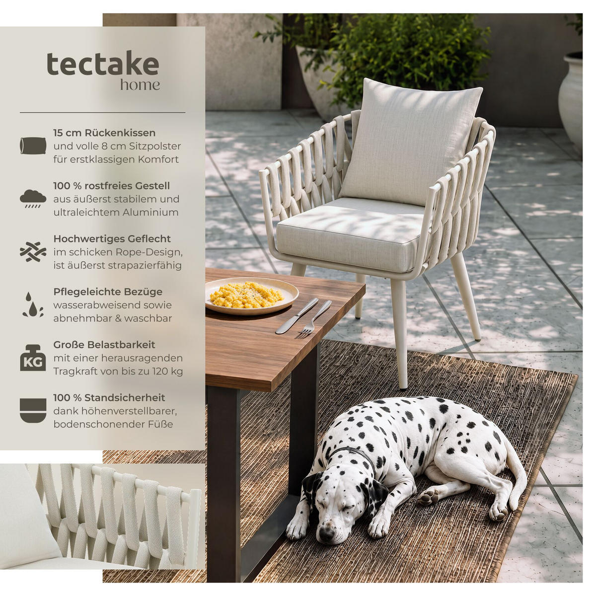 ALUMINIUM STUHL Lugano, höhenverstellbare Kunststofffüße, 62,5 x 65,5 x 75 cm, beige - Beige, Kunststoff/Metall (62.5/75/65.5cm) - tectake