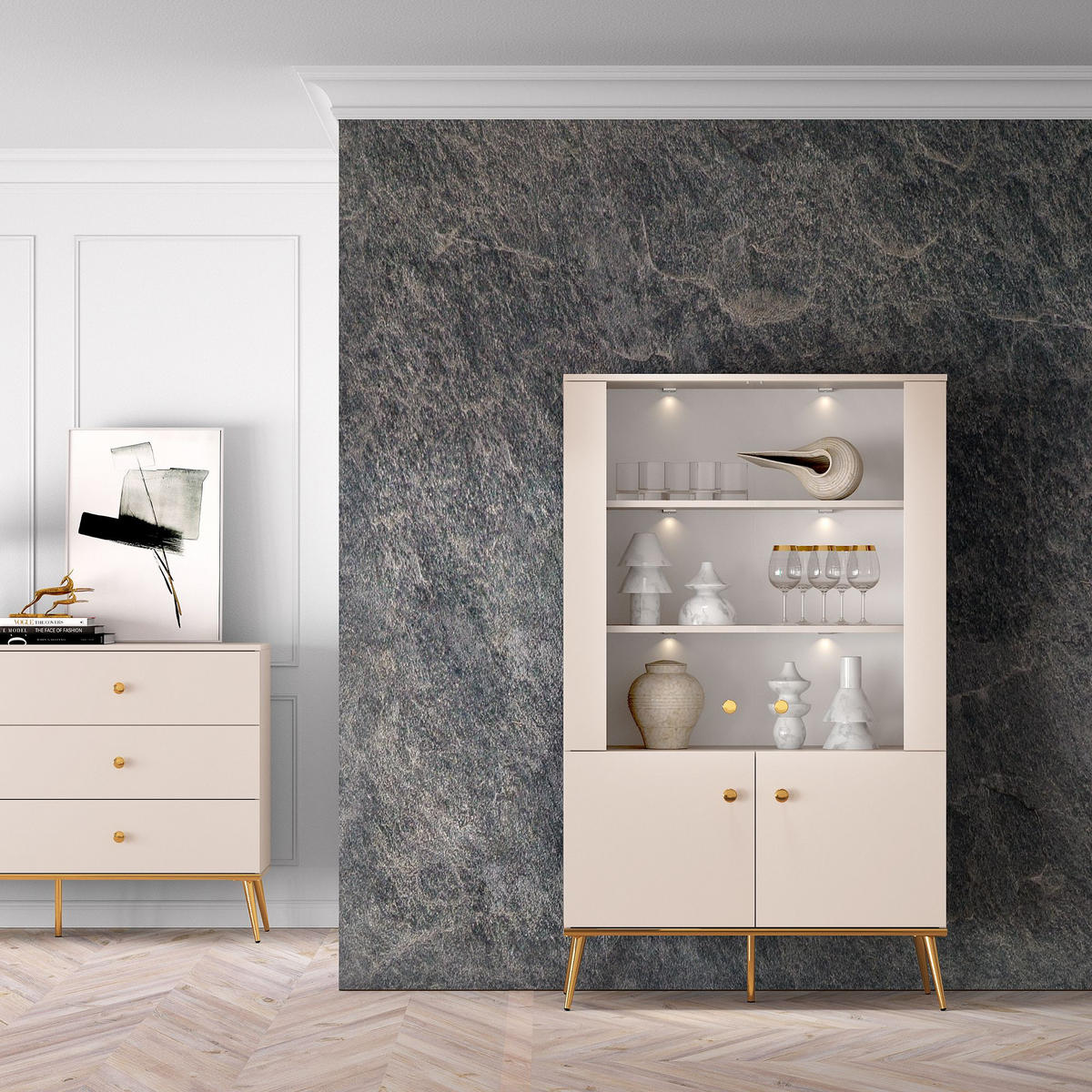GLASVITRINE FRALIA,Creme - Creme, Glas/Holzwerkstoff (92/152/40cm) - KONSIMO®