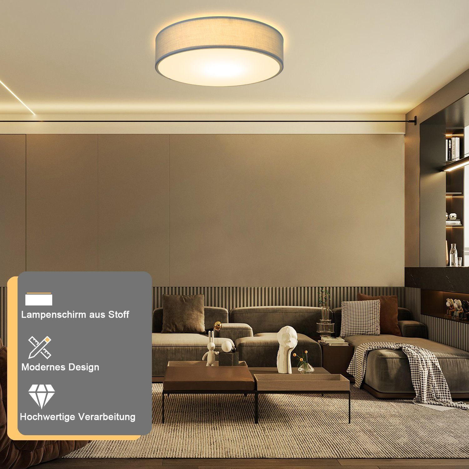 Thumbnail - Nettlife Deckenleuchte, Hellgrau, Textil, Rund, 30x10x30 cm, Lampen & Leuchten, LED Beleuchtung, LED-Deckenleuchten