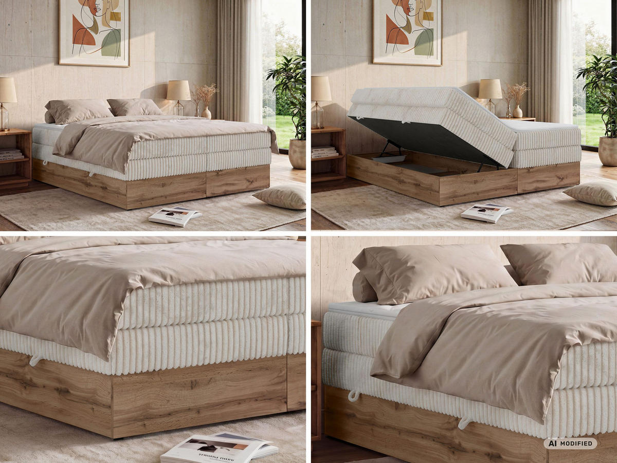 BOXSPRINGBETT WOOD ZERO KING 160/200 - Beige Cord - Topper Visco - H3 - Beige/Schwarz, Kunststoff/Textil (160/200cm) - MKS