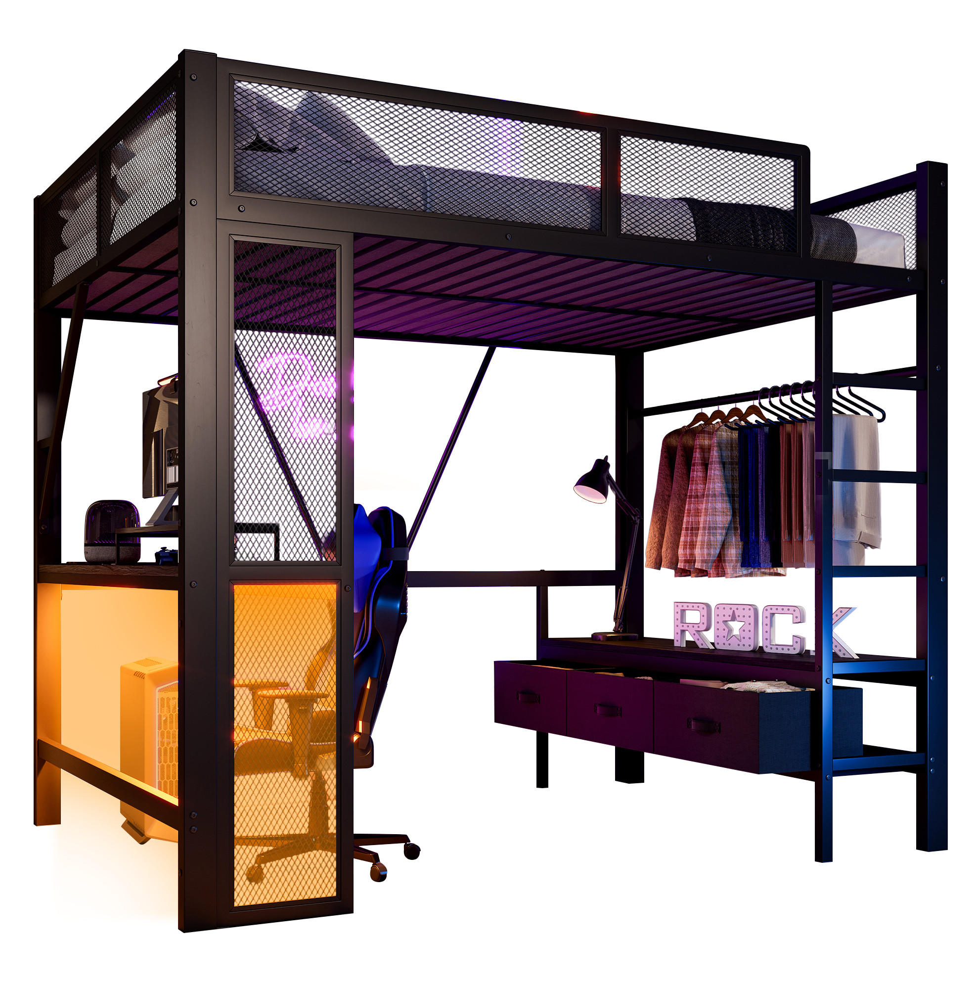 HOCHBETT 140/200 cm mit LED, USB, Schreibtisch und Schubladen - Schwarz, Metall (140/200cm) - MIVRAY
