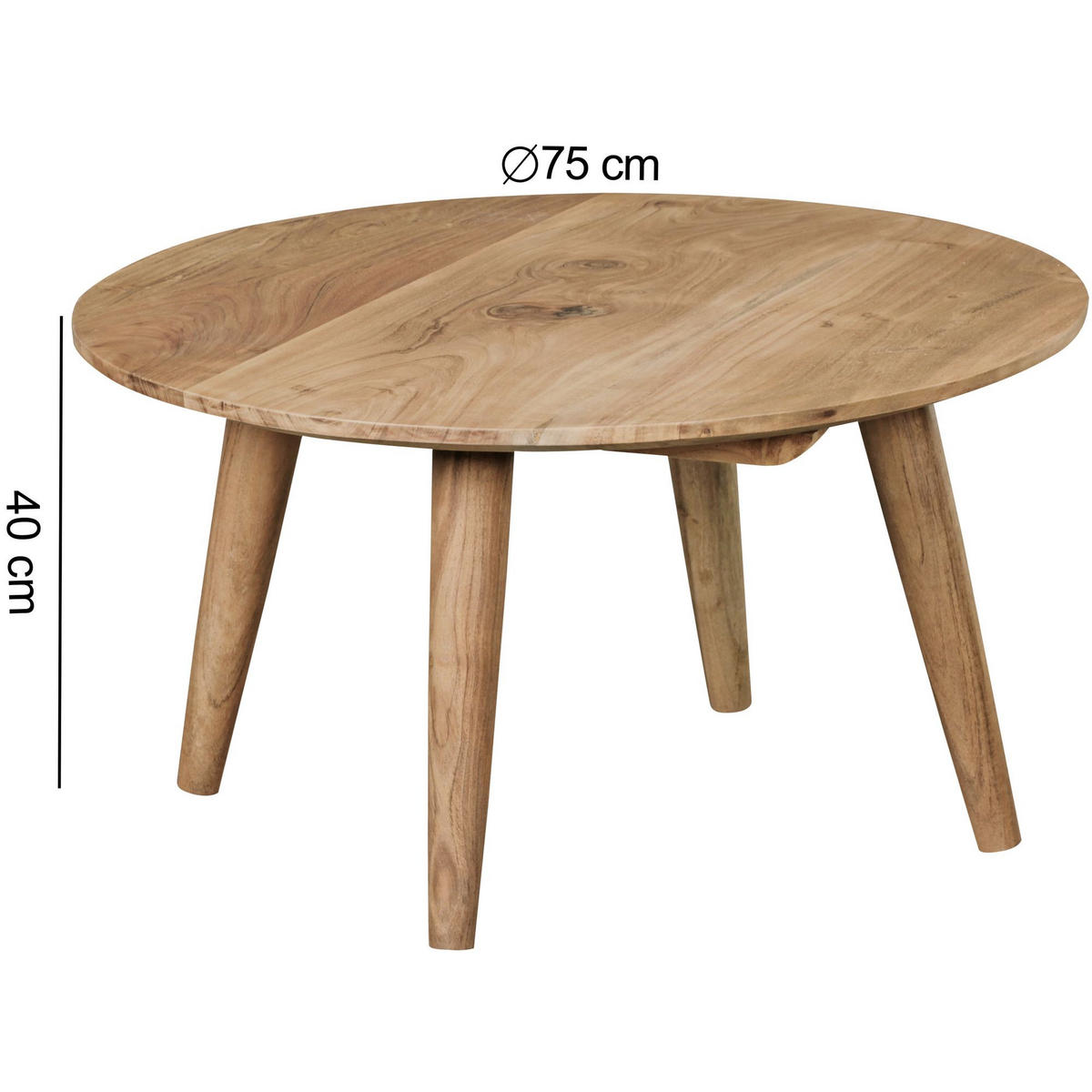 COUCHTISCH Rund Akazie Massivholz 75cm - Stabile Holzbeine, Pflegeleicht, Handgefertigt - Beige/Braun, Holz (75/75/40cm) - KADIMA DESIGN