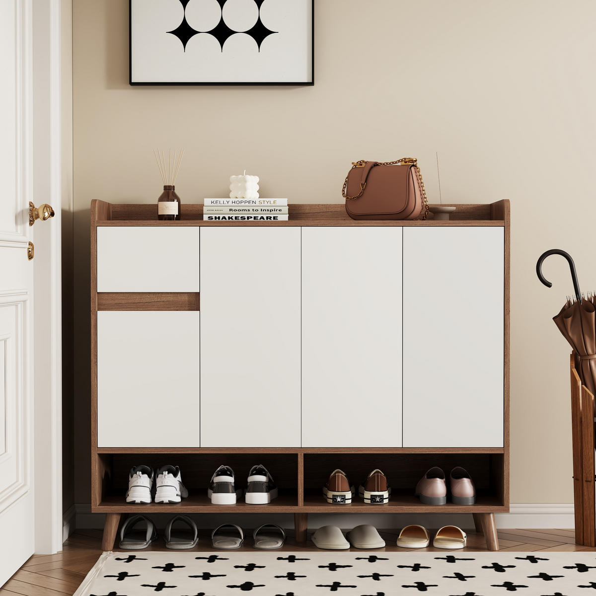 SIDEBOARD 120x35x99 cm mit 4 Türen und Schublade, Weiß/Natur - Weiß, Holzwerkstoff (120/99/35cm)