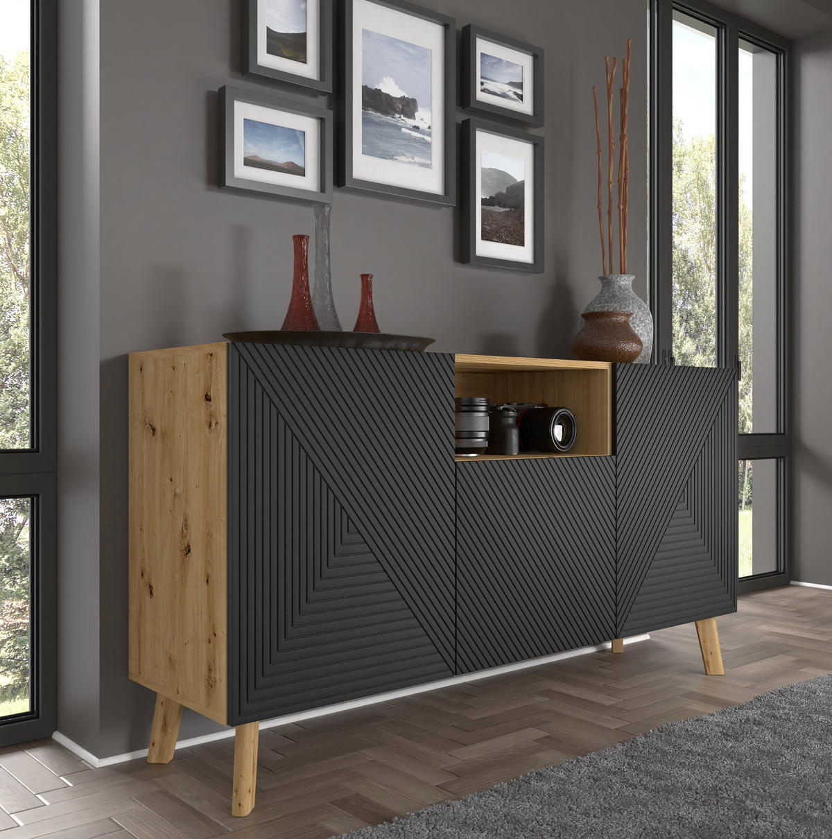 KOMMODE Artisan Eiche, Schwarz 146/80/42 - Schwarz, Holzwerkstoff (146/80/42cm) - RAUMHIRSCH FURNITURE