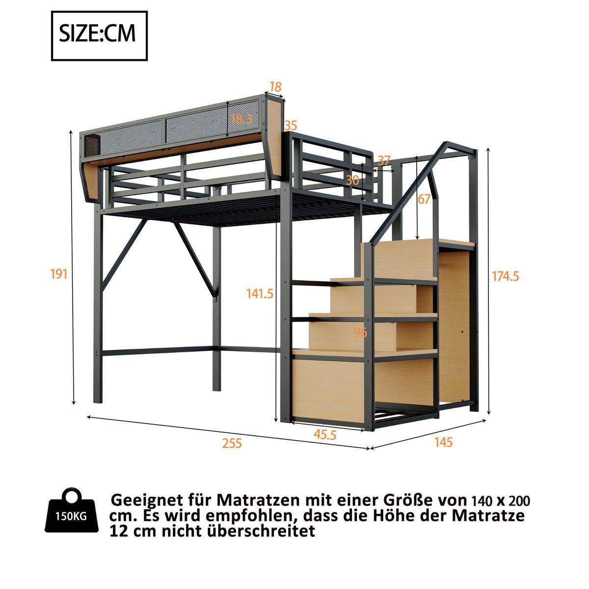 HOCHBETT 140 x 200 cm mit Sicherheitsleiter und Stauraum, Metallkonstruktion, schwarz - Schwarz, Metall (140/200cm) - KOMHTOM