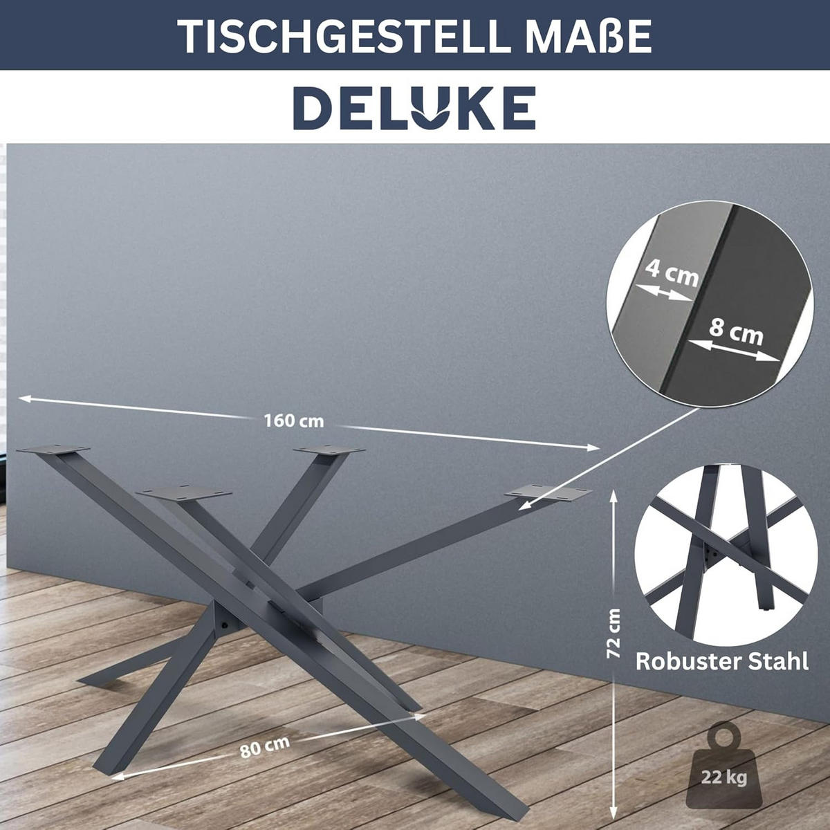 TISCHGESTELL Metall SIDER Grau | Robuste Verarbeitung | 72x80x160cm - Grau, Metall (160/72/80cm) - DELUKE
