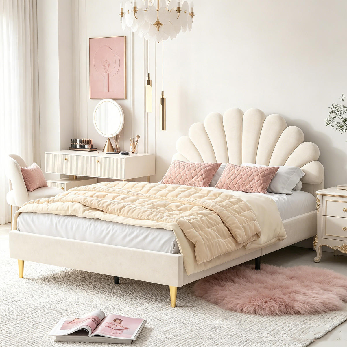 POLSTERBETT 140 x 200, Kinderbett mit Lattenrost, Blütenblattförmiges Kopfteil, Samt, beige - Beige, Holzwerkstoff/Textil (140/200cm) - GENKI LIVING