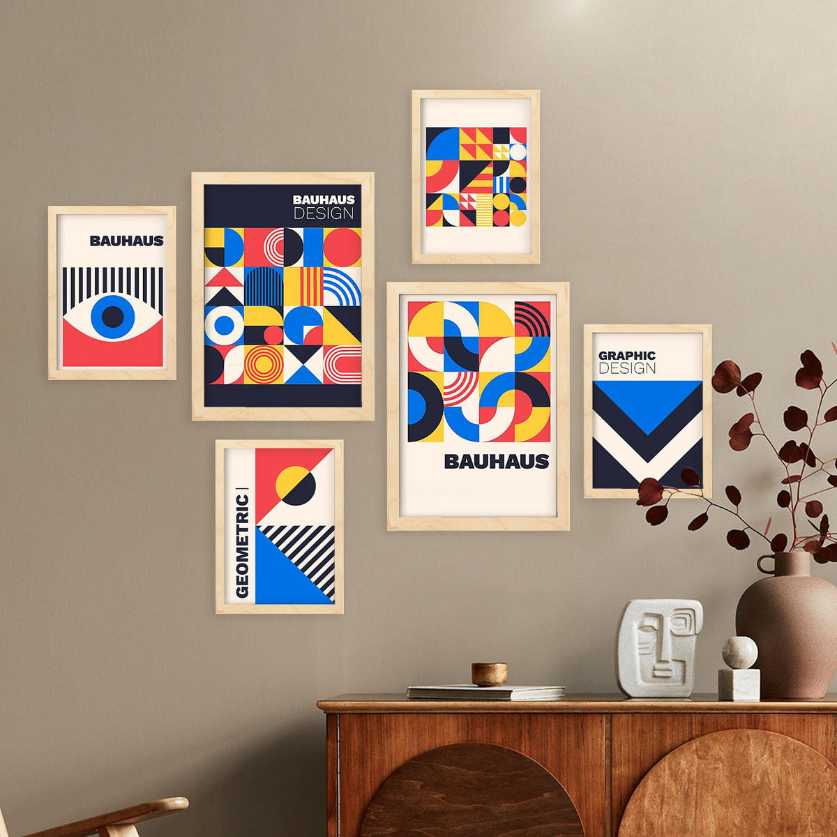 POSTER Set Mit 6 Drucken Im Bauhaus 6 Geometrische Designkollektion Drucke Mit Ästhetische Dekorative Für Zuhause A3 & A4 Rahmen Aus Hellem Holz - Beige, Papier (29/3cm) - Nacnic