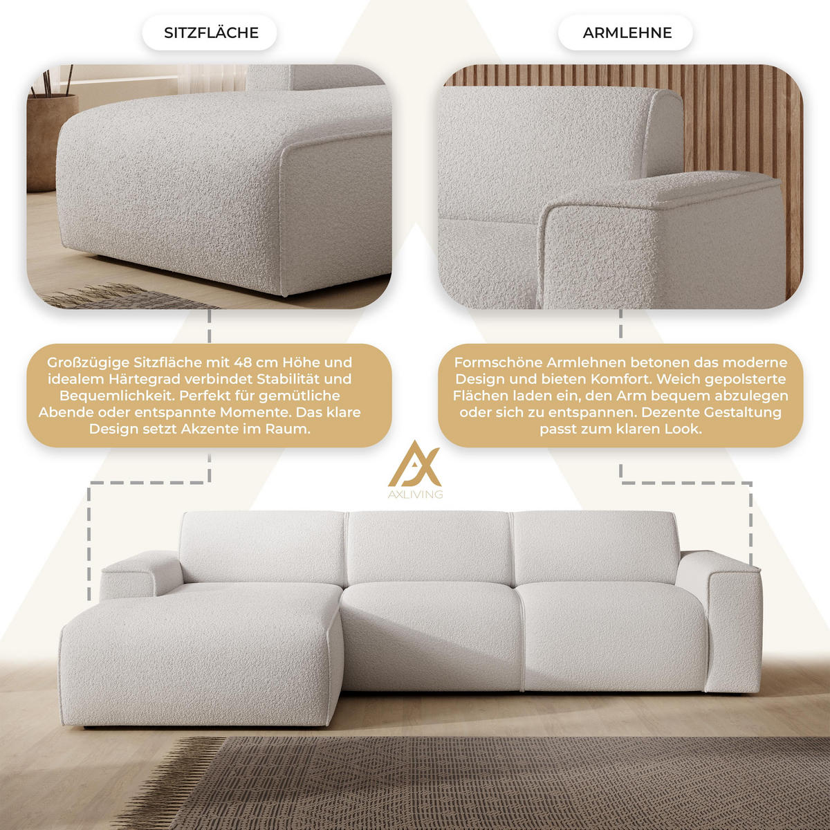 ECKSOFA L Form Didim mini Weiß 310/165/78 cm – stilvolle kleine Eckcouch L - Schwarz/Weiß, Kunststoff/Textil (165/310cm) - AX Living