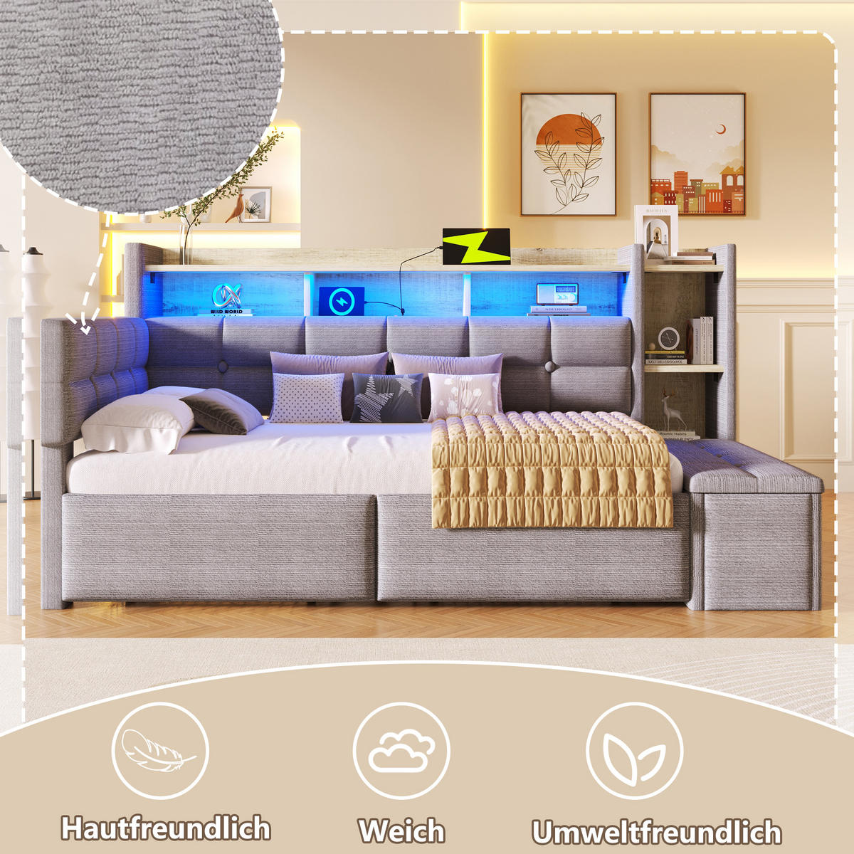 TAGEBETT 90x190cm Grau Samt 2 Schubladen USB LED-Licht - Grau, Holz (90/190cm) - FLIEKS