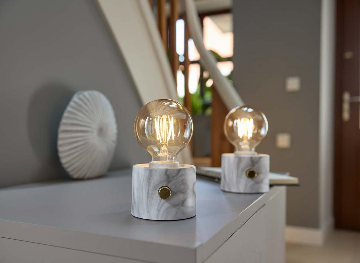LED-TISCHLAMPE Vintage Edison dimmbar 10x9x16cm 2er-Set Marmor - Weiß Hochglanz, Kunststoff (10/8.7/16cm) - Northpoint