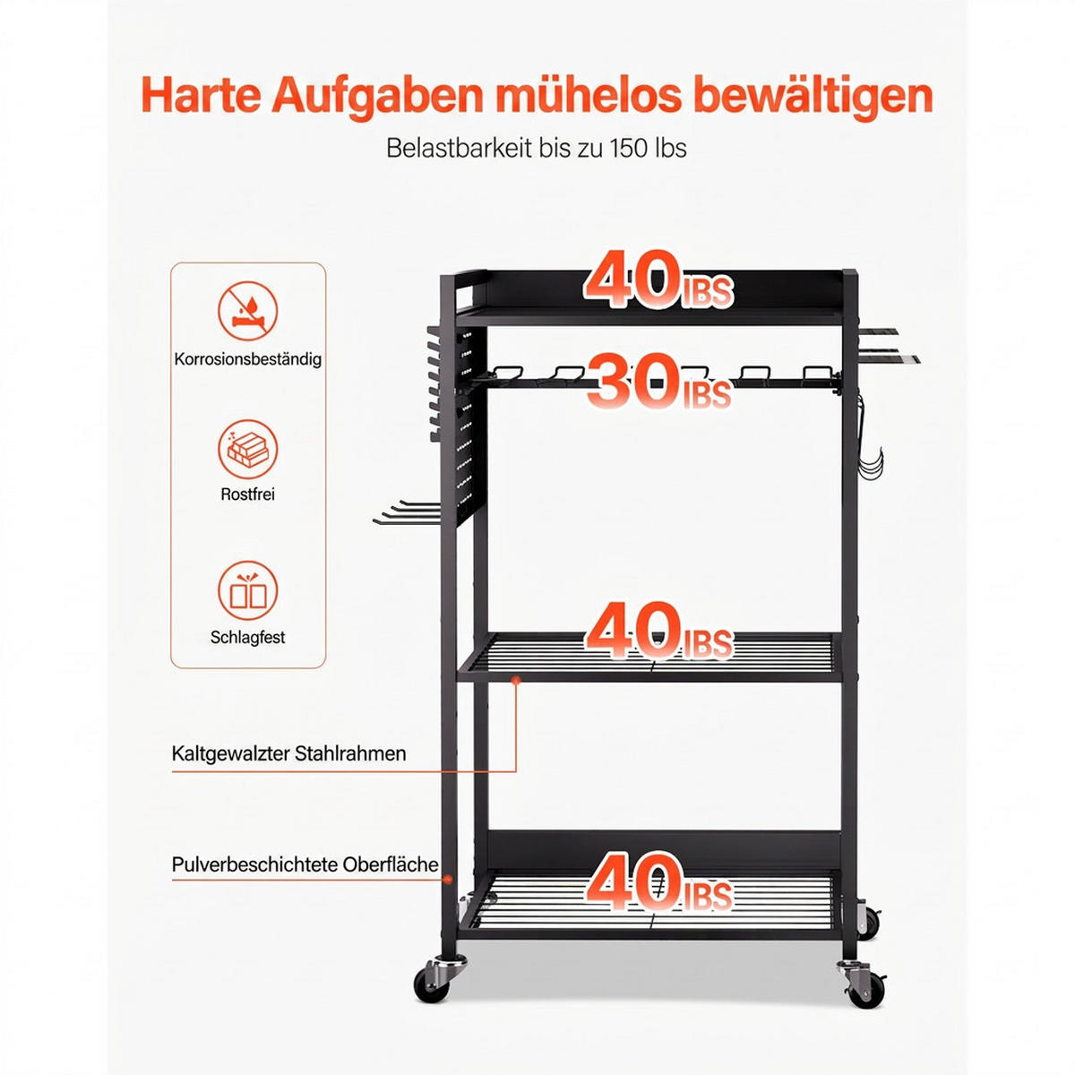 GERÄTEHALTER 4 Ebenen-Rollbarer Bohrmaschinenhalter 68kg Tragkraft Schwarz - Schwarz, Metall (10/10/10cm) - Raelunyi