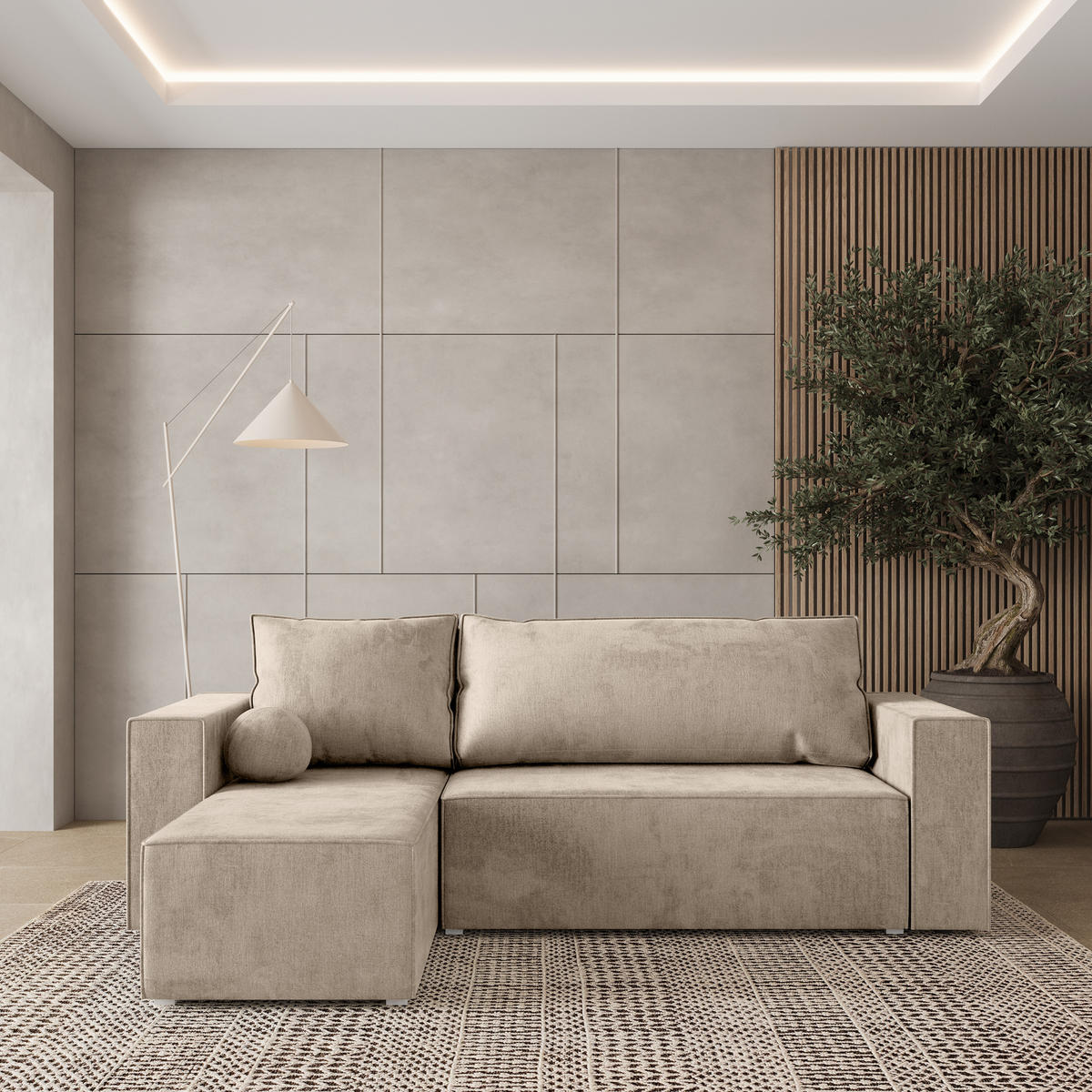 ROHOVÁ SEDAČKA RAVELO krémová - šedá/krémová, dřevo/textil (240/140cm) - MASSENO