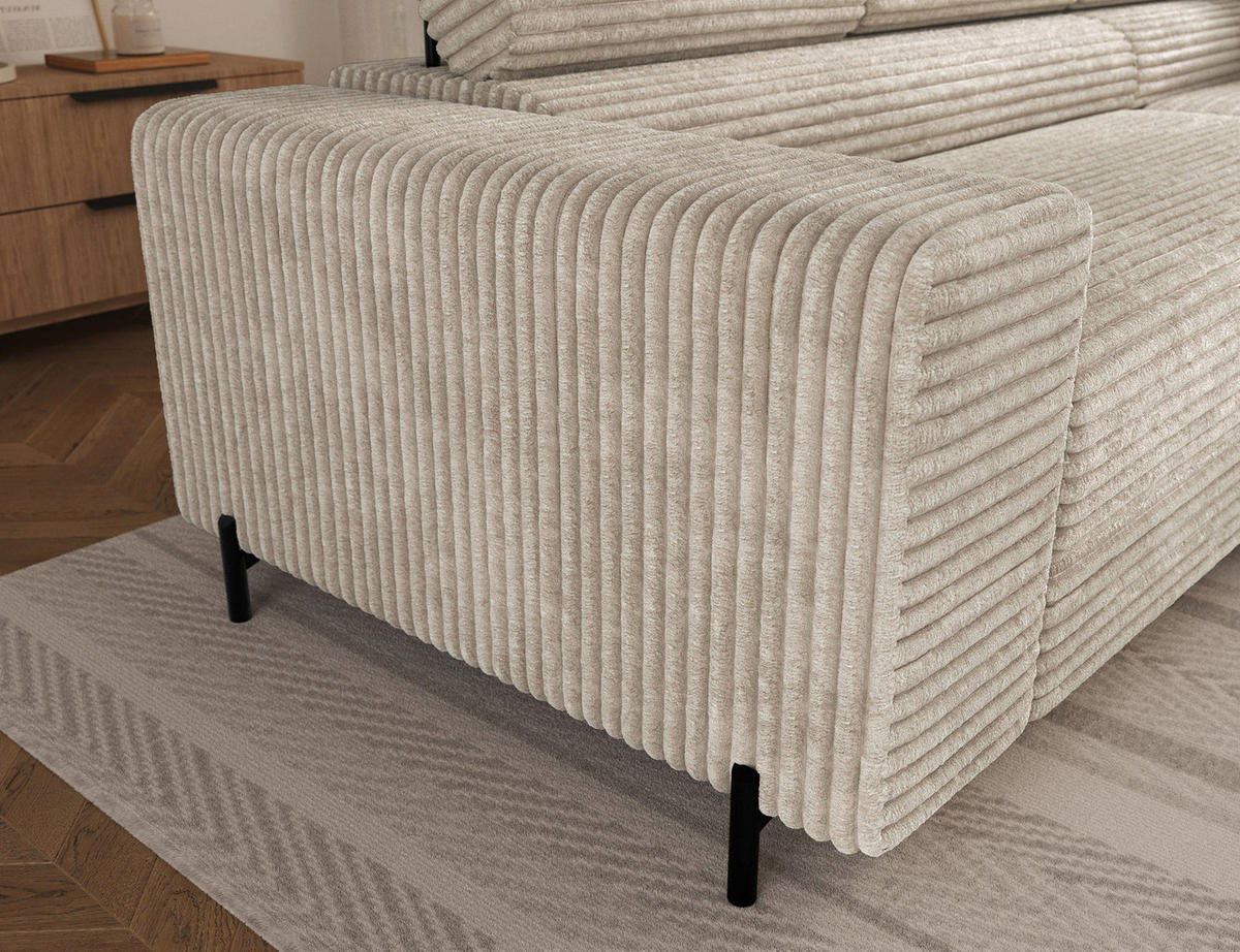 ECKSOFA COLESIO L-Form, Schlaffunktion, Bettkasten, verstellbare Kopfstützen, Wellenfederung, Metallfüße, breiter Cordstoff - Creme/Schwarz, Kunststoff/Metall (204/269cm) - Wohnideebilder