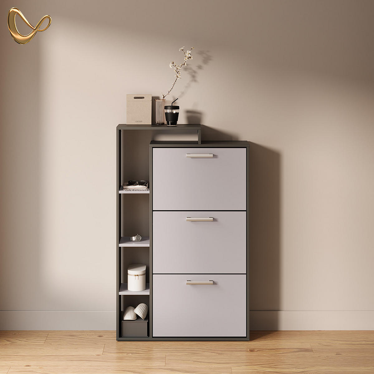 SCHUHKIPPER Ortello Anthrazit/Greige 80 x 128.3 cm mit 3 Fächern - Greige/Anthrazit, Holzwerkstoff (80/128.3/24.2cm) - Livinity®