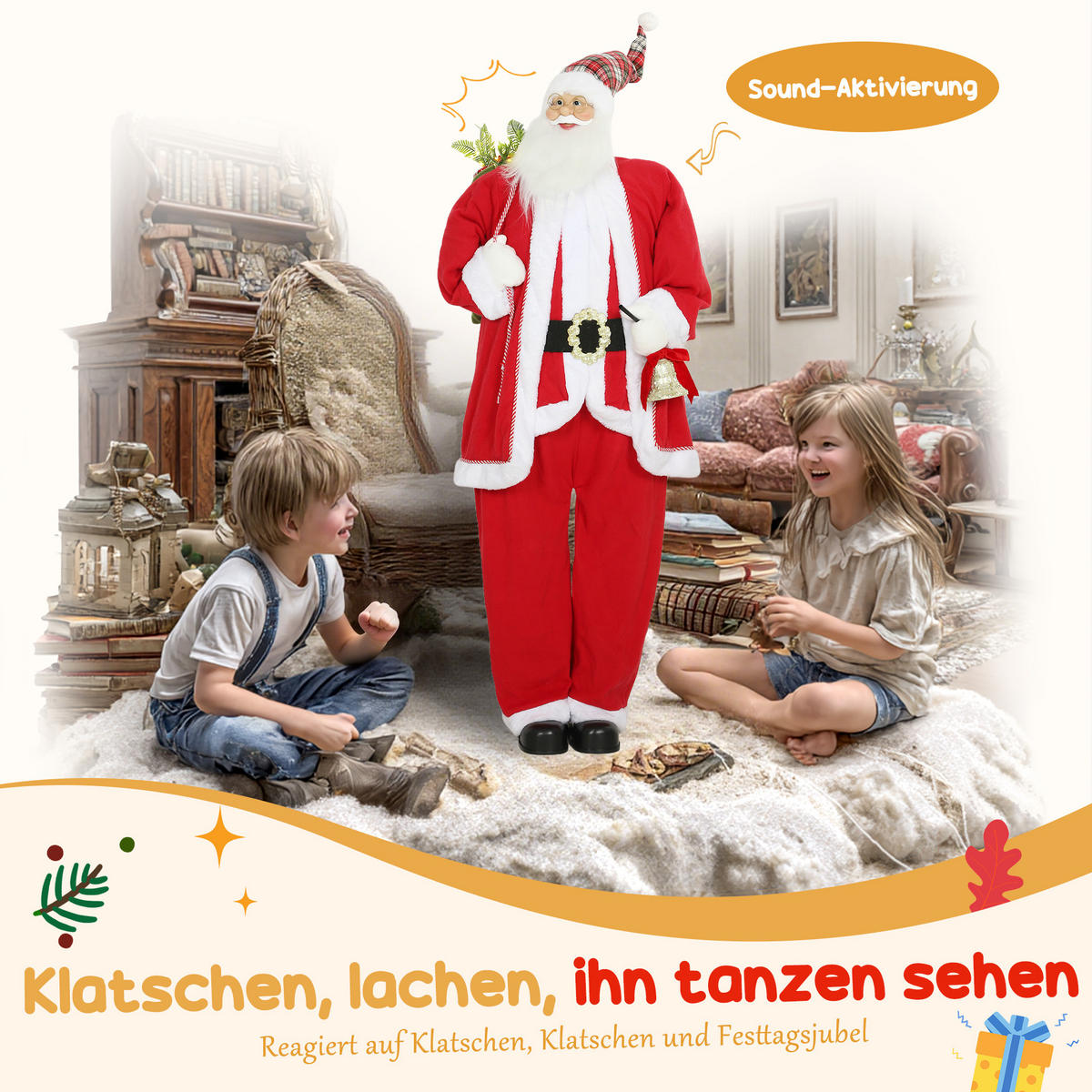 WEIHNACHTSMANN 1,6 m stehende Weihnachtsmann mit Geschenk- und Weihnachtsglock - Rot, Textil (45/160/55cm) - HOMCOM