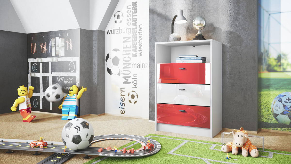 KOMMODE Pino Fronten Rot, Weiß & Rot - Weiß, Holzwerkstoff (56/86/36cm) - Vladon