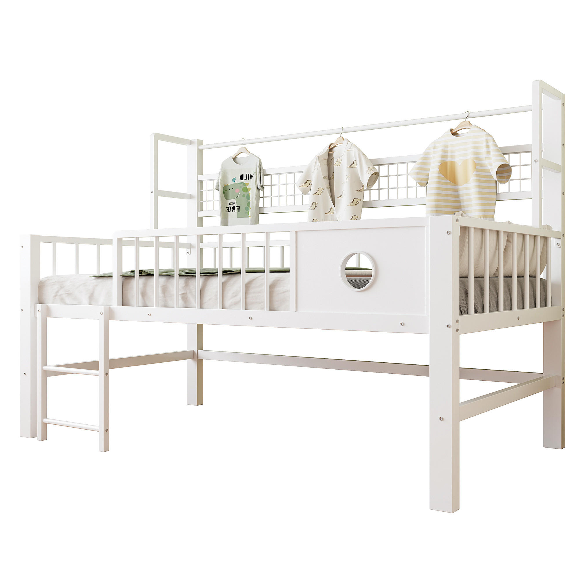 KINDERBETT 90/200 cm aus Metall mit Stauraum und Kleiderstange - Weiß, Metall (90/200cm) - Flora Grace