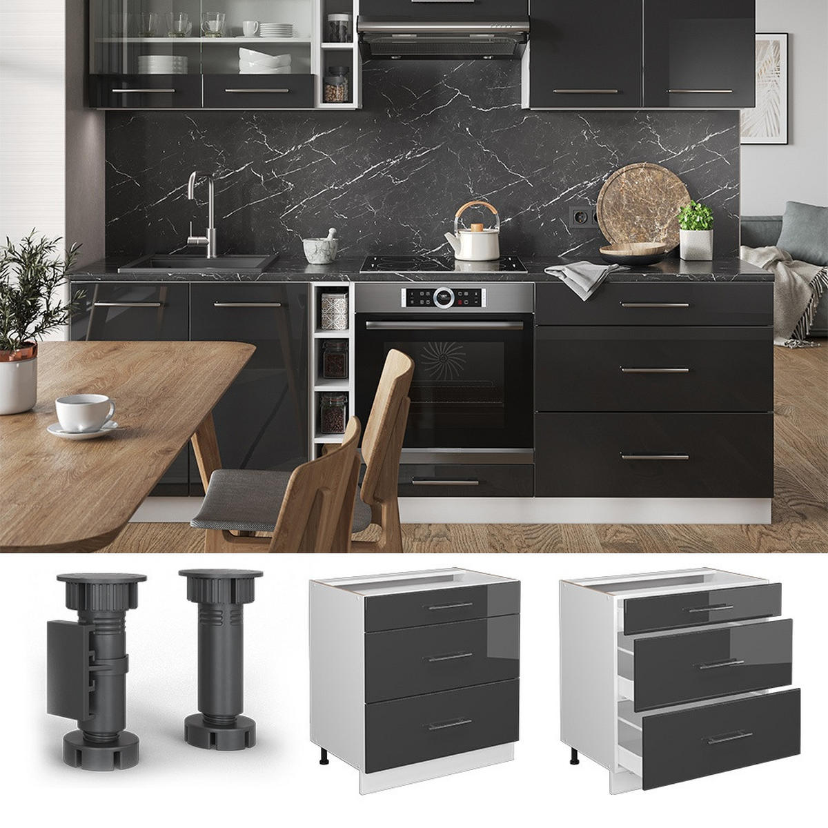 SPODNJA OMARICA ZA KUHINJO Fame-Line Antracit z visokim sijajem 80 cm s 3 predali, DP Hrast - črna/bela, leseni material (80/82/60cm) - Vicco