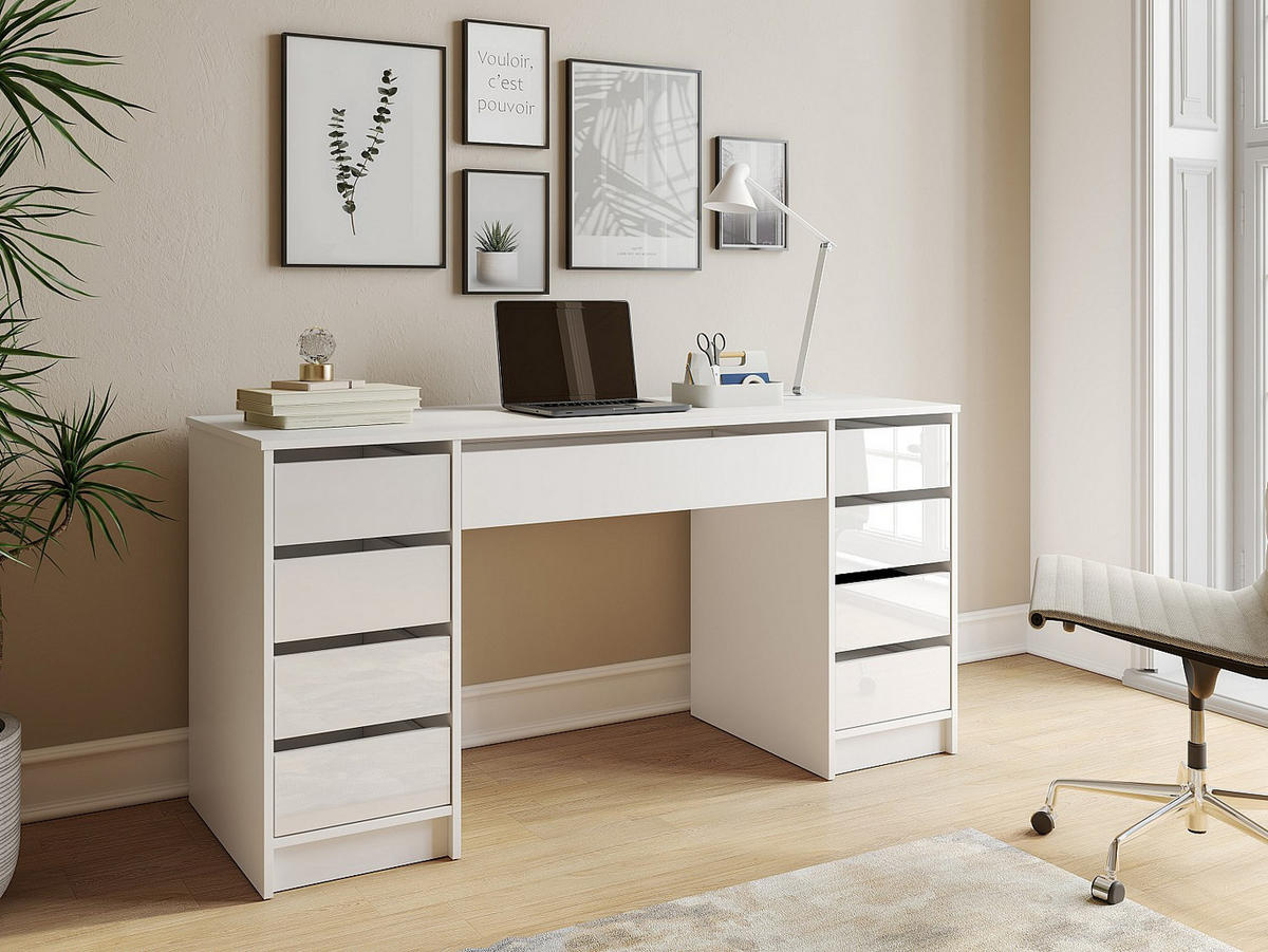 SCHREIBTISCH mit 9 Schubladen – Weiß Glänzend - JENEMI - Weiß, Holz (152.3/53.6/76cm) - Vente-Unique