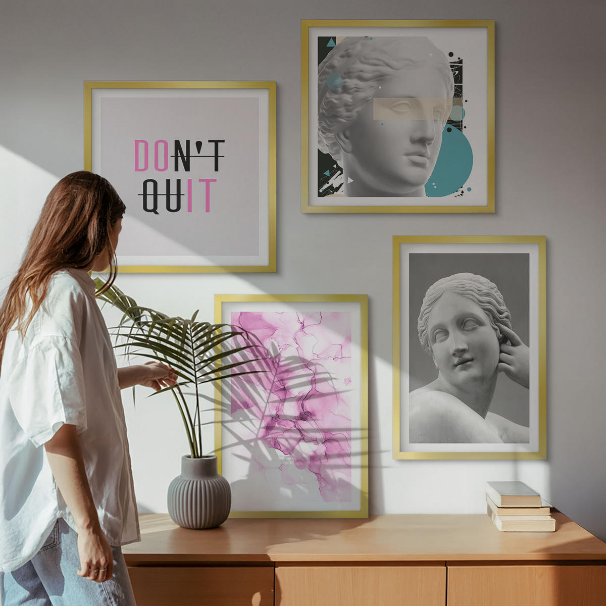 BILDER SET 4er Set - 50x50 cm & 40x60 cm Goldrahmen - Abstrakte Aquarellskulptur - Goldfarben, Kunststoff (50/50cm) - TULUP