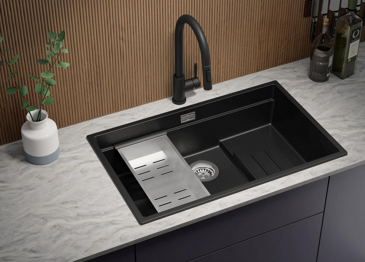 SPÜLBECKEN Praga Slim, 2-er set Schwarz Metallic 76/47 cm 1 Becken + Ablauf-Set + Aufrollbare Abtropffläche ab 80er Unterschrank - Chromfarben/Schwarz Hochglanz, Kunststoff (76/20/47cm) - Primagran