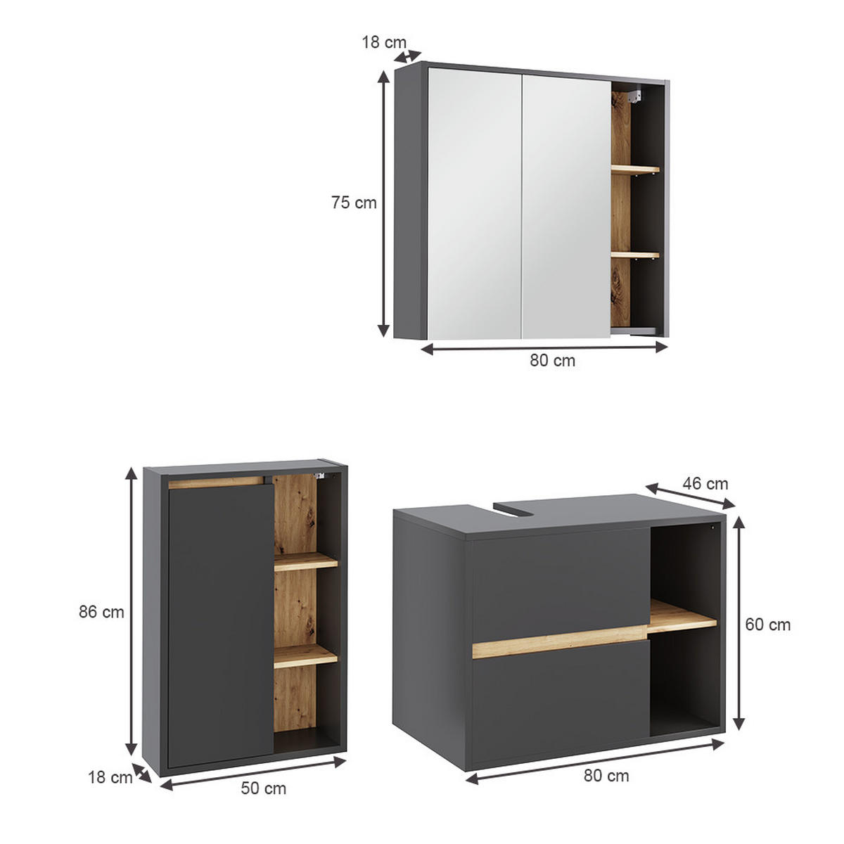 SADA KOUPELNOVÉHO NÁBYTKU Viola Grey/Artisan - šedá/dub artisan, kompozitní dřevo (80/60/46cm) - Vicco