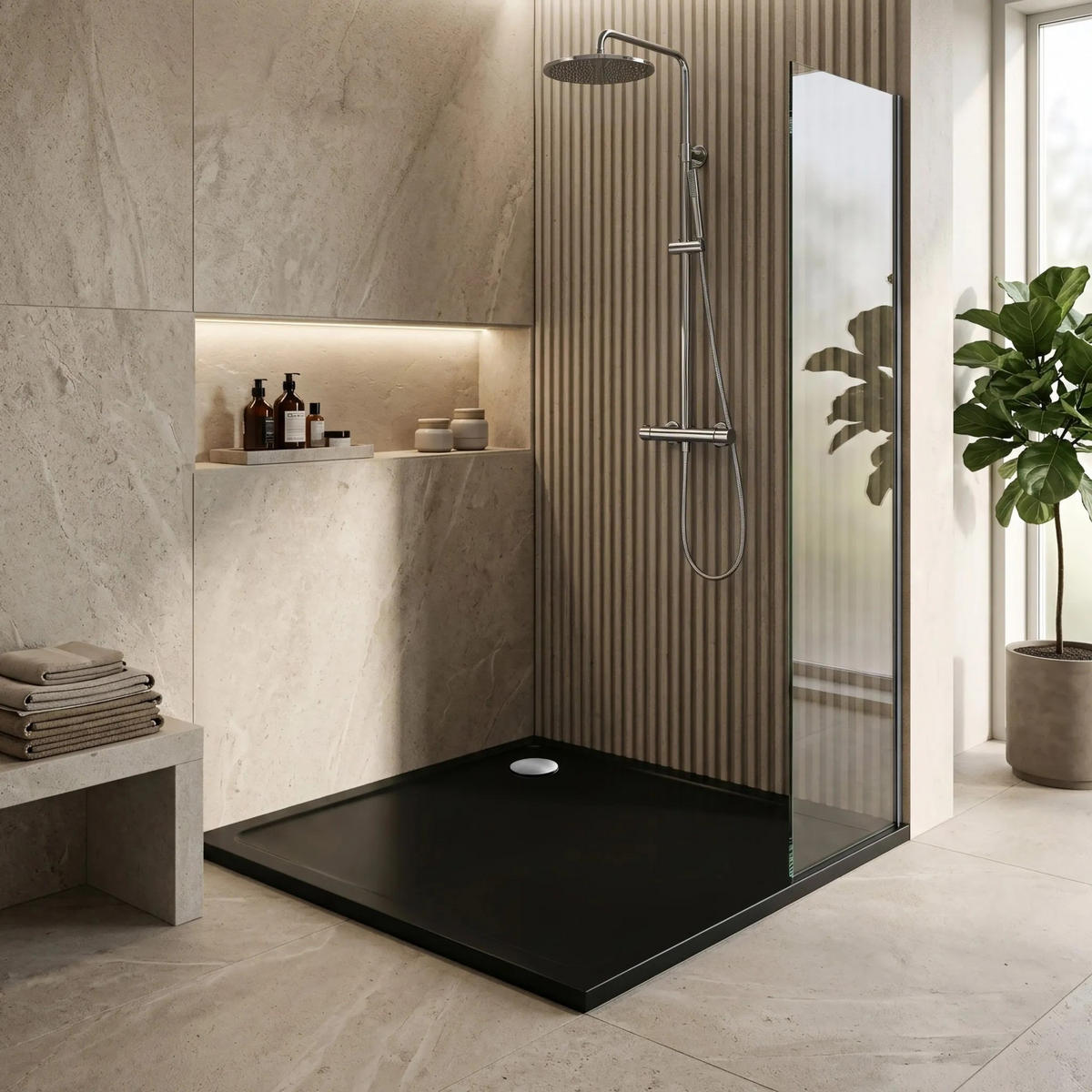 ACRYL Duschwanne Rea Savoy Black 80x80 Gebürstete Gold Abdeckung - Schwarz, Keramik (80/6/80cm) - REA
