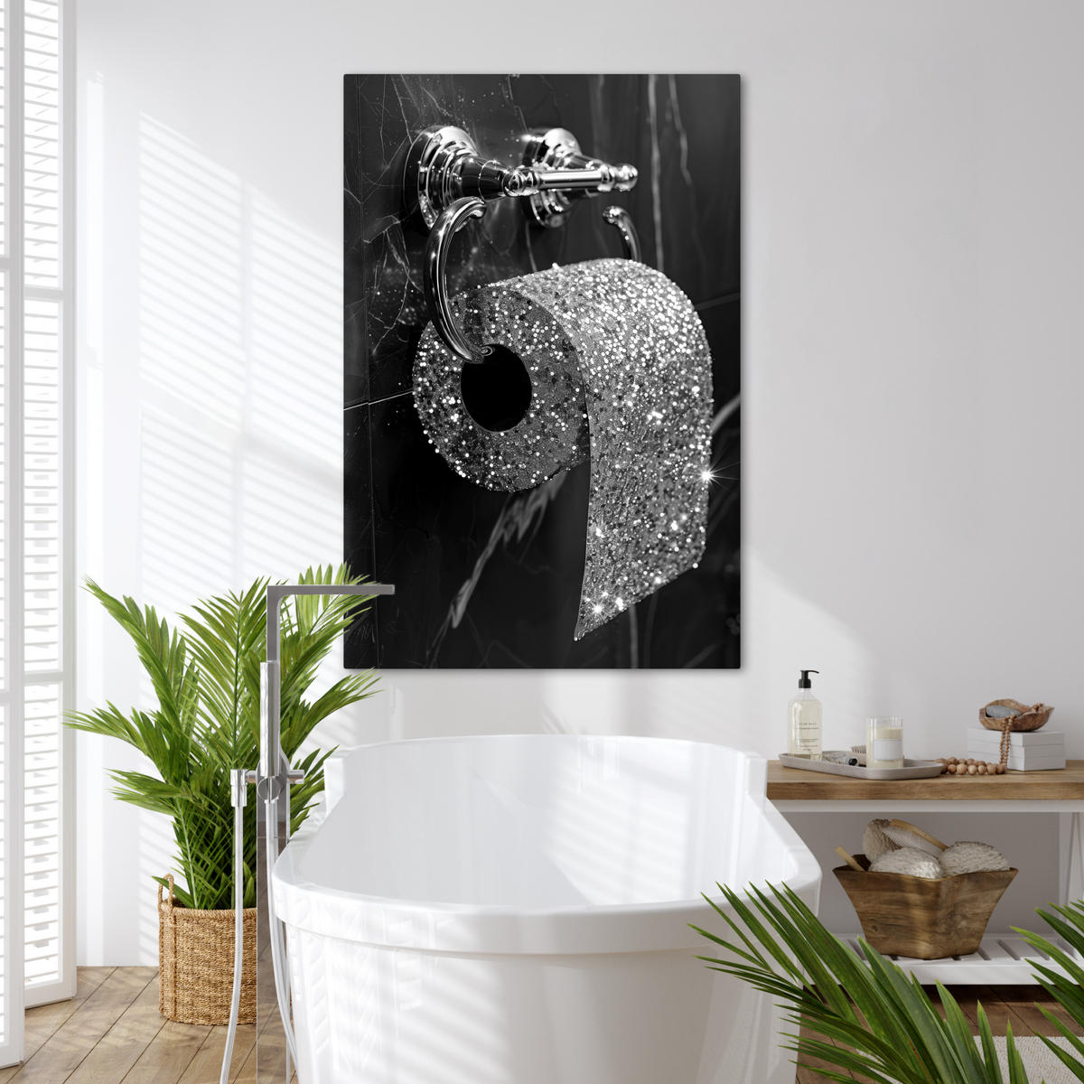 LEINWANDBILD WC - Toilettenpapier - Schwarz und weiß - Glitter 80x120 cm - Silberfarben, Textil (80/120cm) - MuchoWow