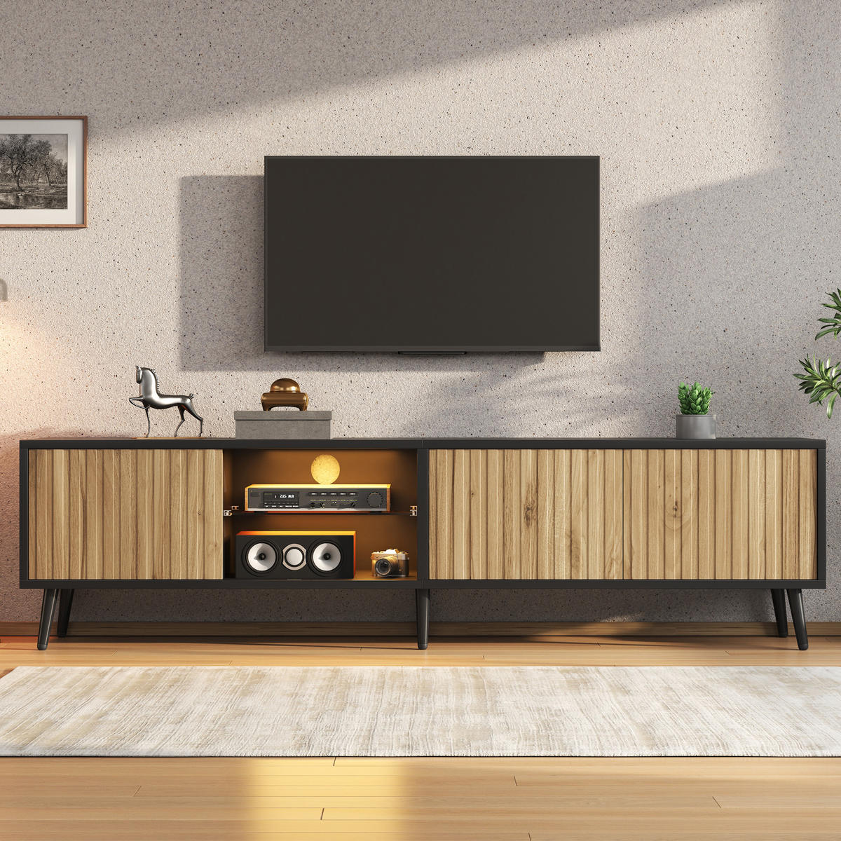 LOWBOARD in Holzoptik TV-Schrank mit LED für das Wohnzimmer, B175/T31/H43,5 cm - Schwarz/Naturfarben, Glas/Holzwerkstoff (175/43.5/31cm) - STILVORA