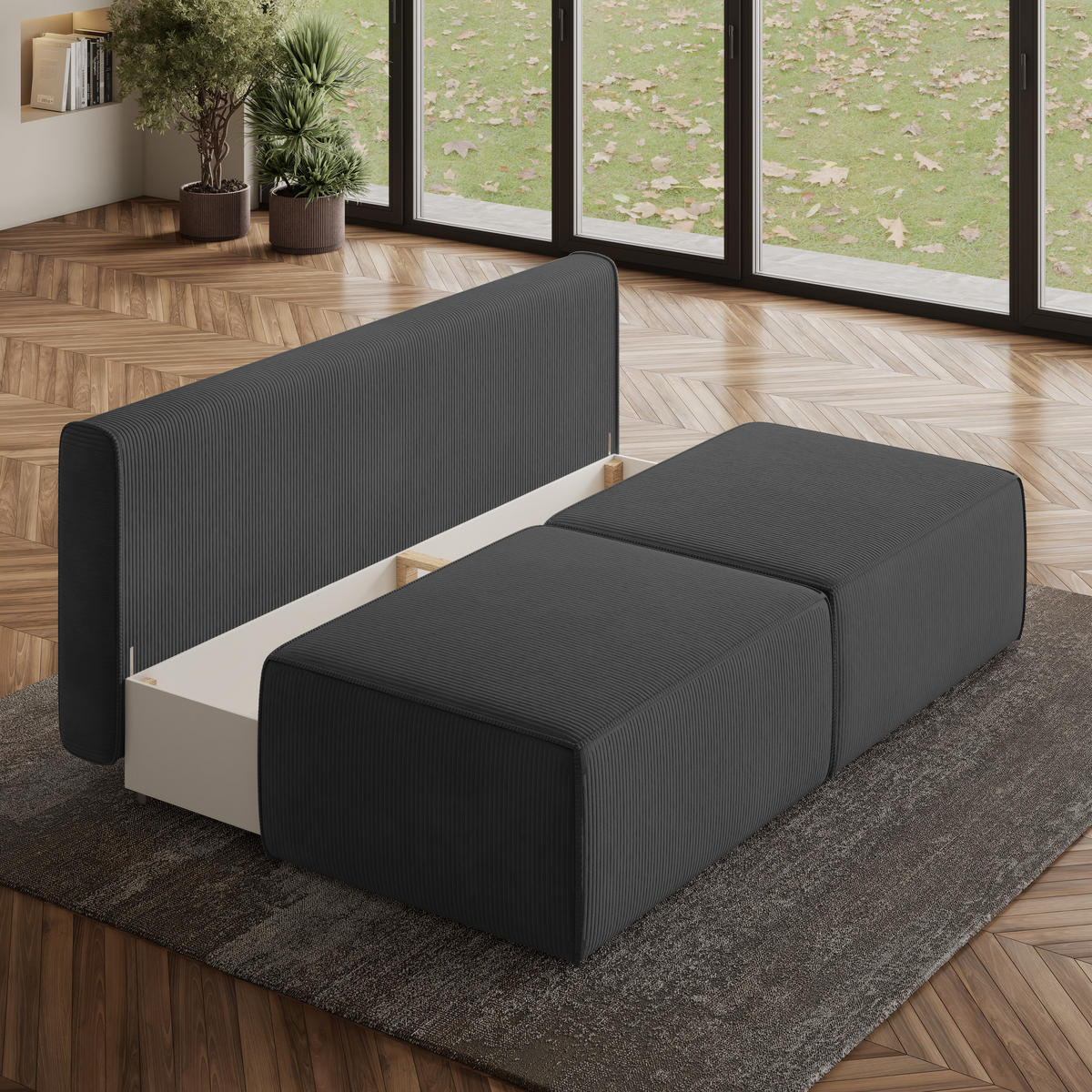 ECKSOFA VARNA P Graphitfarben Kordstoff mit Schlaffunktion - Graphitfarben, Holz (196/158cm) - MASSENO