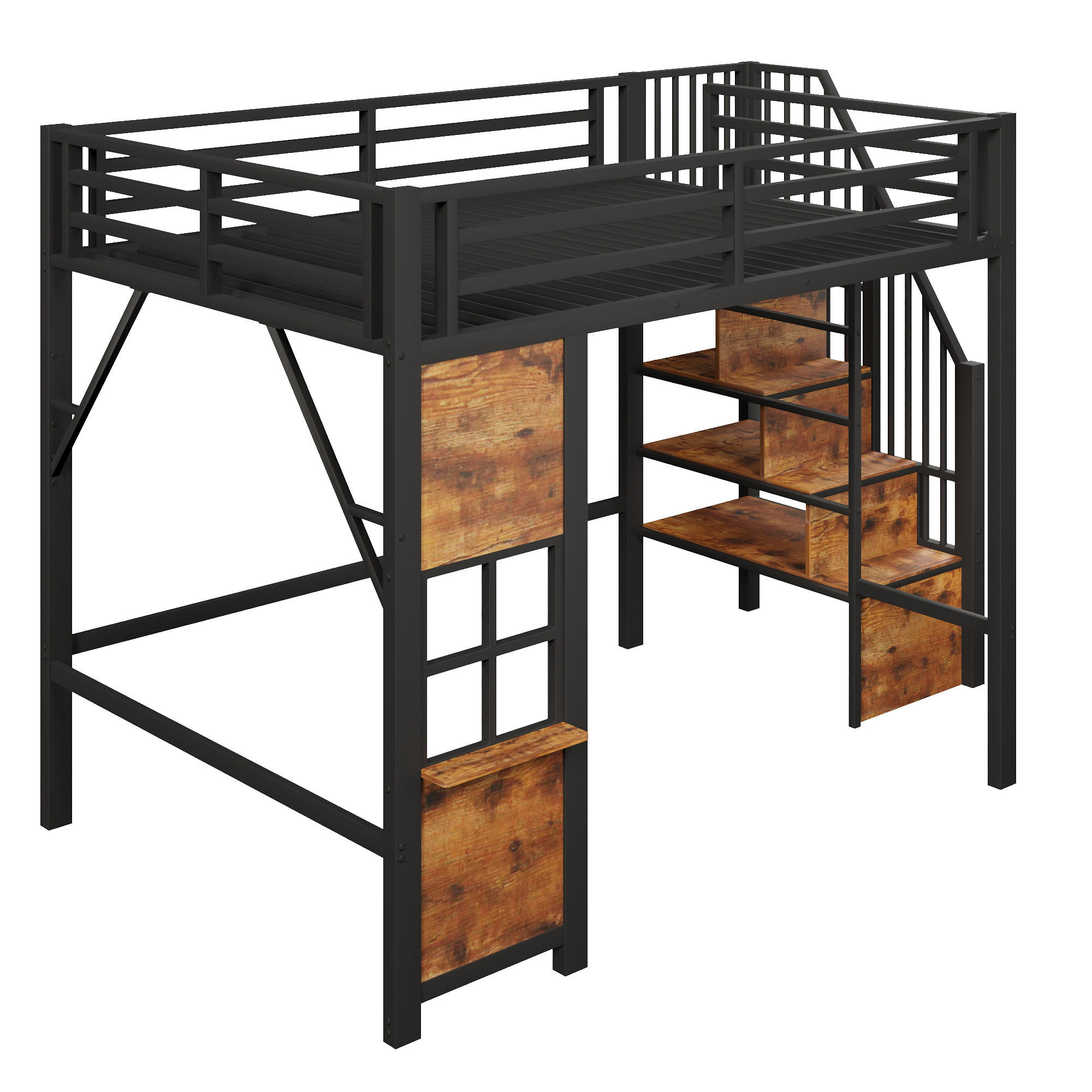 HOCHBETT 140/200 cm Schwarz mit Stauraumtreppe und offener Stauraum - Schwarz, Metall (140/200cm) - Oxeza