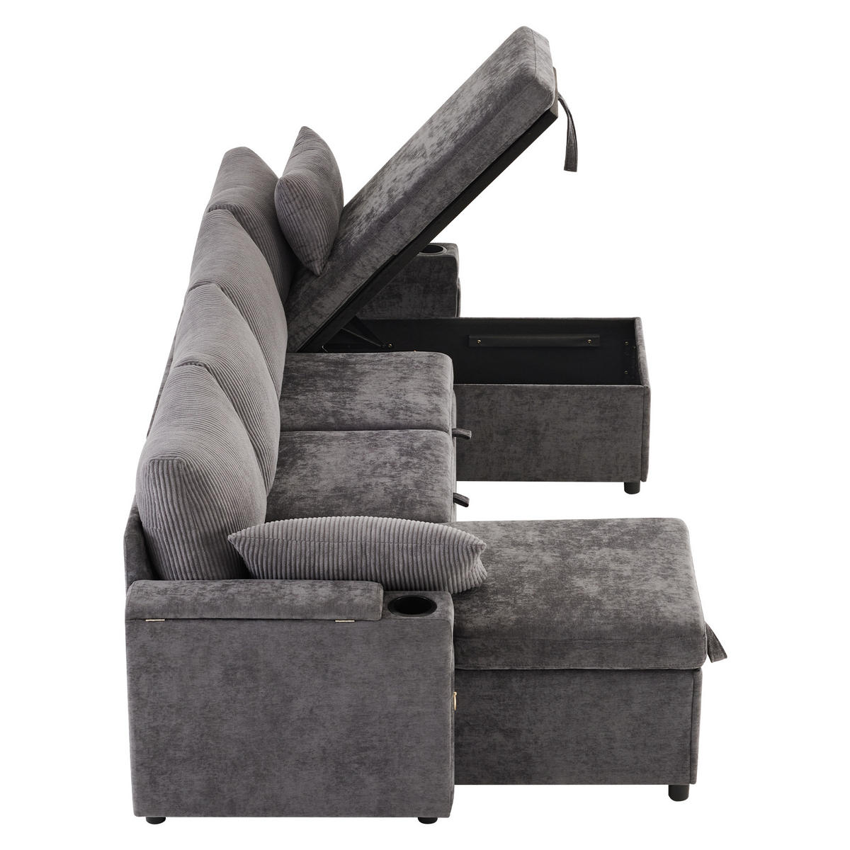 SCHLAFSOFA 272/131/84 cm Grau mit Getränkehaltern und Stauraum - Grau, Textil (272/84/131cm) - Oxeza