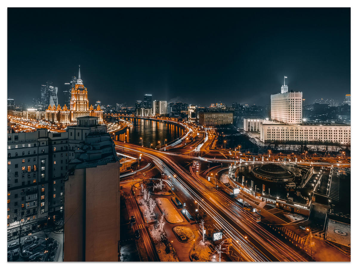 FOTOTAPETE für Wohnzimmer Moskau Nacht Panorama Metropole Straßen 200x140 - Beige/Schwarz, Papier (200/140cm) - Muralo