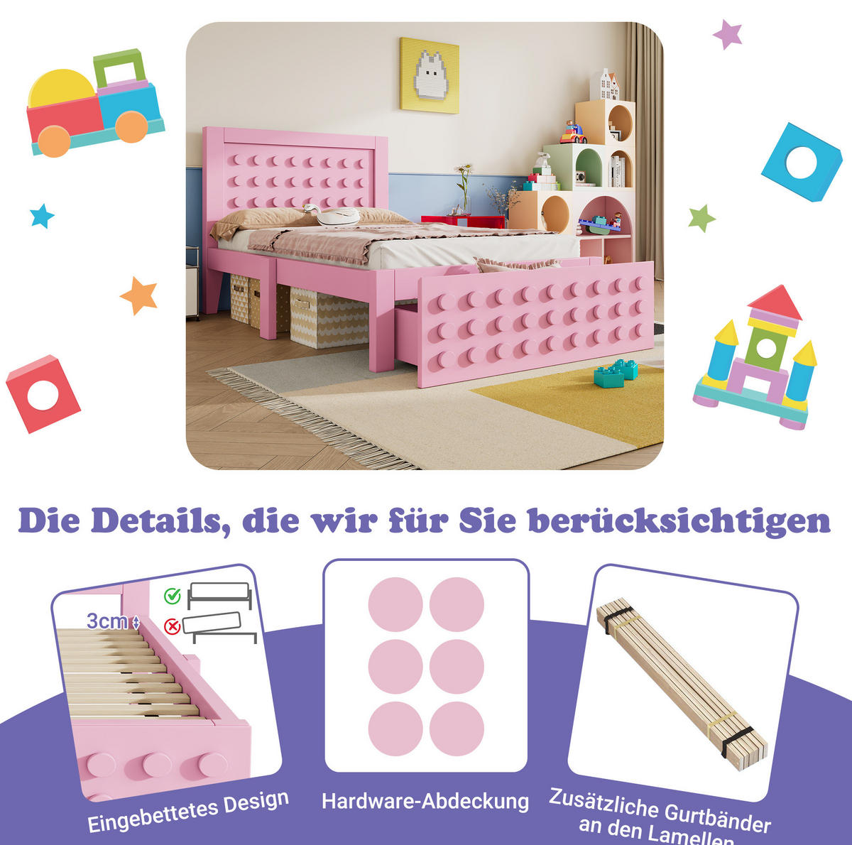 KINDEREINZELBETTEN aus Holz 90x200 cm in Rosa mit Schublade & Stauraum - Rosa, Holz (90/200cm) - Modfu