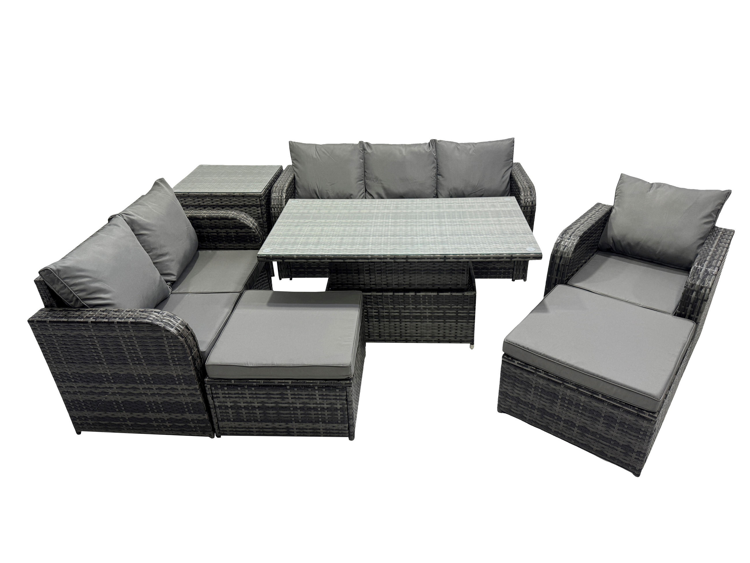 GARTENMÖBEL SET mit Höhenverstellbarer Esstisch 8-Sitzer Grau - Dunkelgrau/Grau, Glas/Kunststoff - Fimous