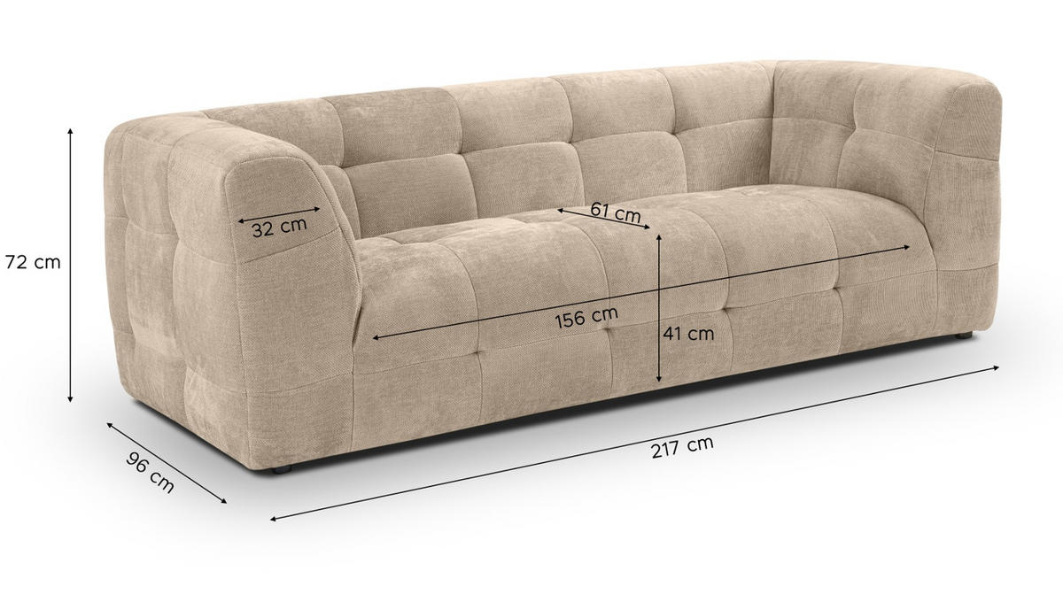 SOFA beige Strukturstoff, Couch 2,5-Sitzer 217 cm mit Steppoptik - Beige, Holz/Textil (217/72/96cm) - Inn.Furn
