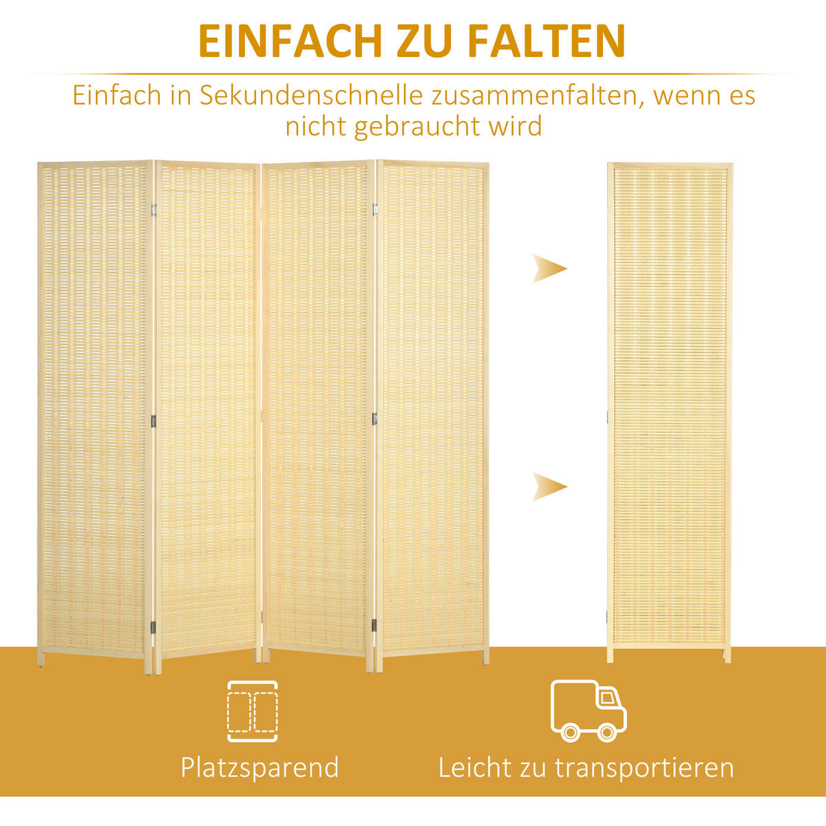 PARAVENT 4-teilig 180 x 181 cm, Natur - Naturfarben, Holzwerkstoff (180/180/1.7cm) - HOMCOM