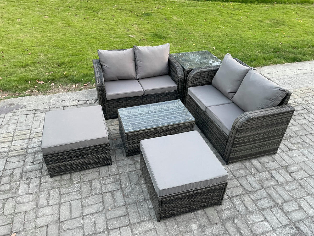 GARTENMÖBELGARNITUR mit KISSEN Polyrattan Dunkelgrau 6-Sitzer - Dunkelgrau/Grau, Glas/Kunststoff - Fimous