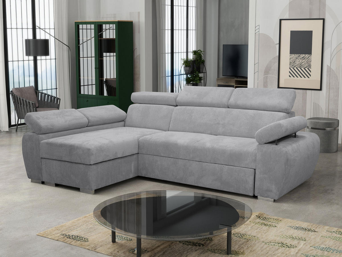 ECKSOFA Boston Mini Premium Cord 2RLC, Seite: Links LC+2R - Chromfarben/Hellgrau, Holz/Textil (255/170cm) - MIRJAN24