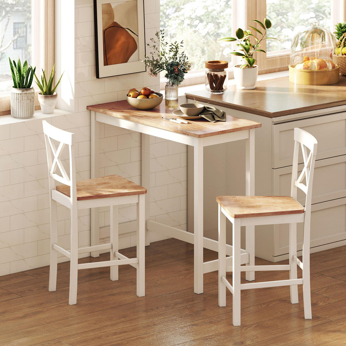 BARHOCKER 2er Set Barstuhl Küchenstühle mit Rückenlehne und Fußstütze Eiche - Eichefarben/Multicolor, Holz (41.5/96/46.5cm) - HOMCOM