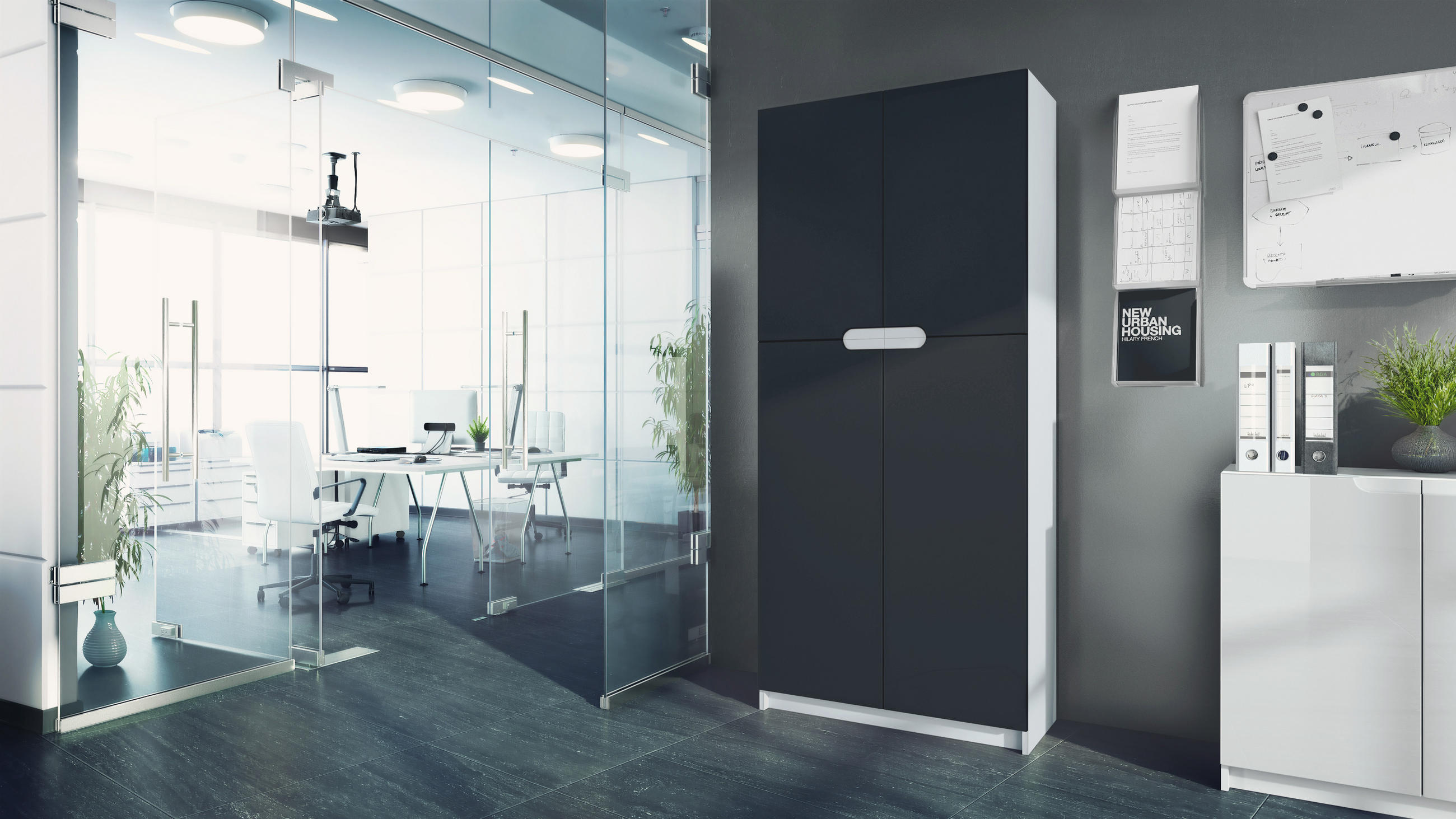 BÜROSCHRANK Logan Fronten in Schwarz matt - Schwarz, Holzwerkstoff (82/185/37cm) - Vladon