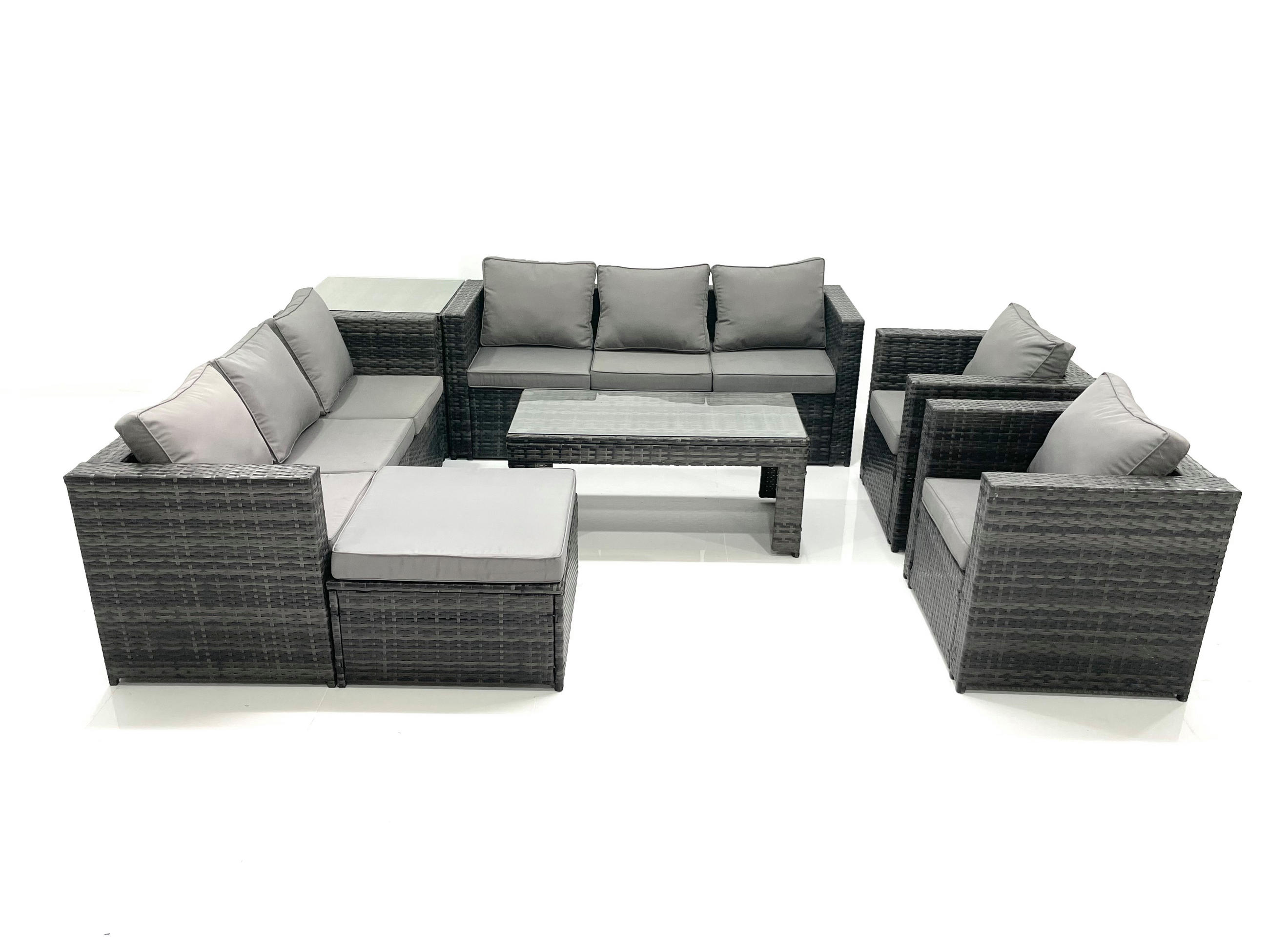 GARTENMÖBEL COUCHTISCH SET mit Sofa Polyrattan Outdoor 9-Sitzer - Dunkelgrau/Grau, Glas/Kunststoff - Fimous