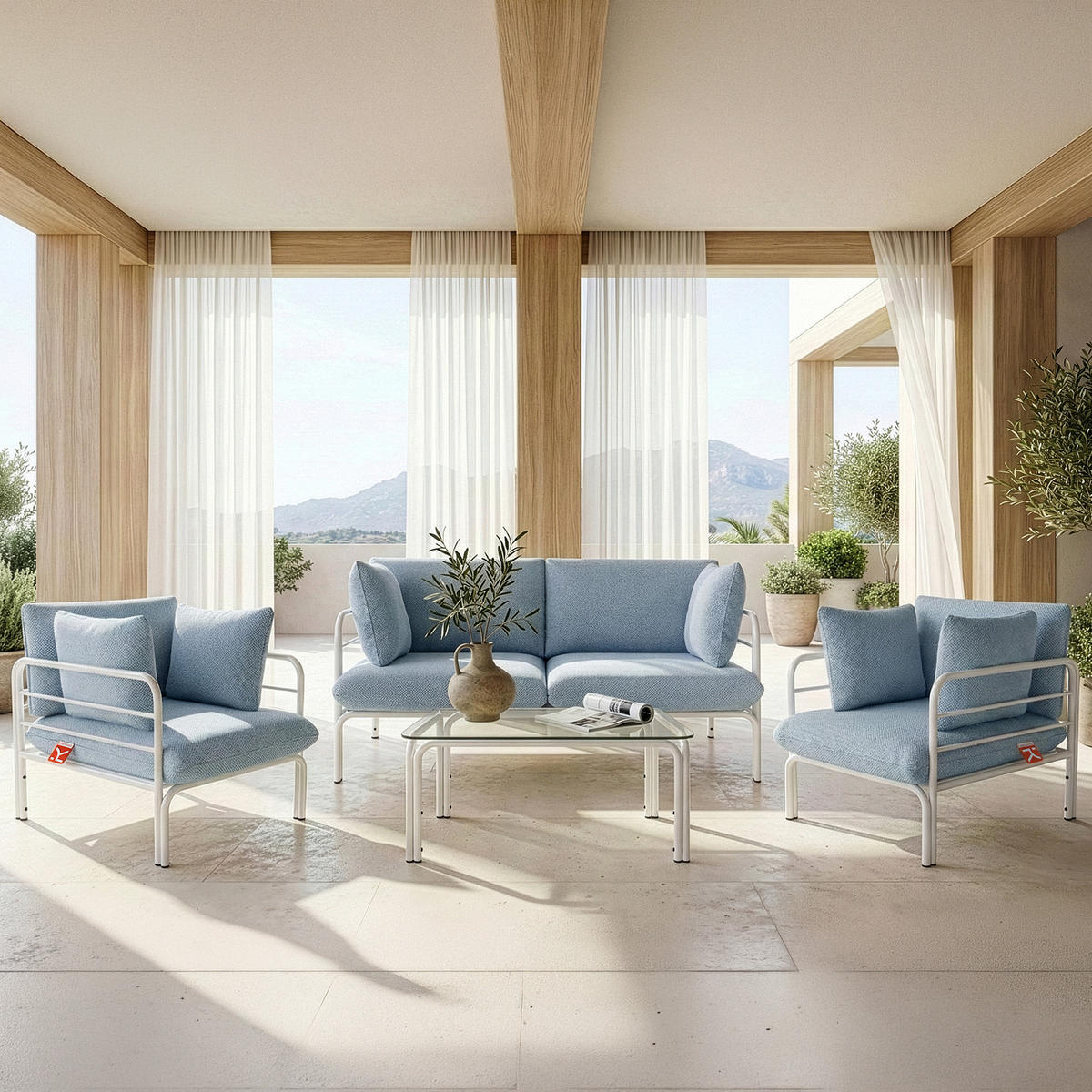 GARTENMÖBELSET RAMBE 4-tlg. 1x Tisch 2x Sessel 1x Sofa 2-Sitzer, mit Kissen, LOFT-STIL, Weiß - Blau/Weiß, Glas/Textil - KONSIMO®