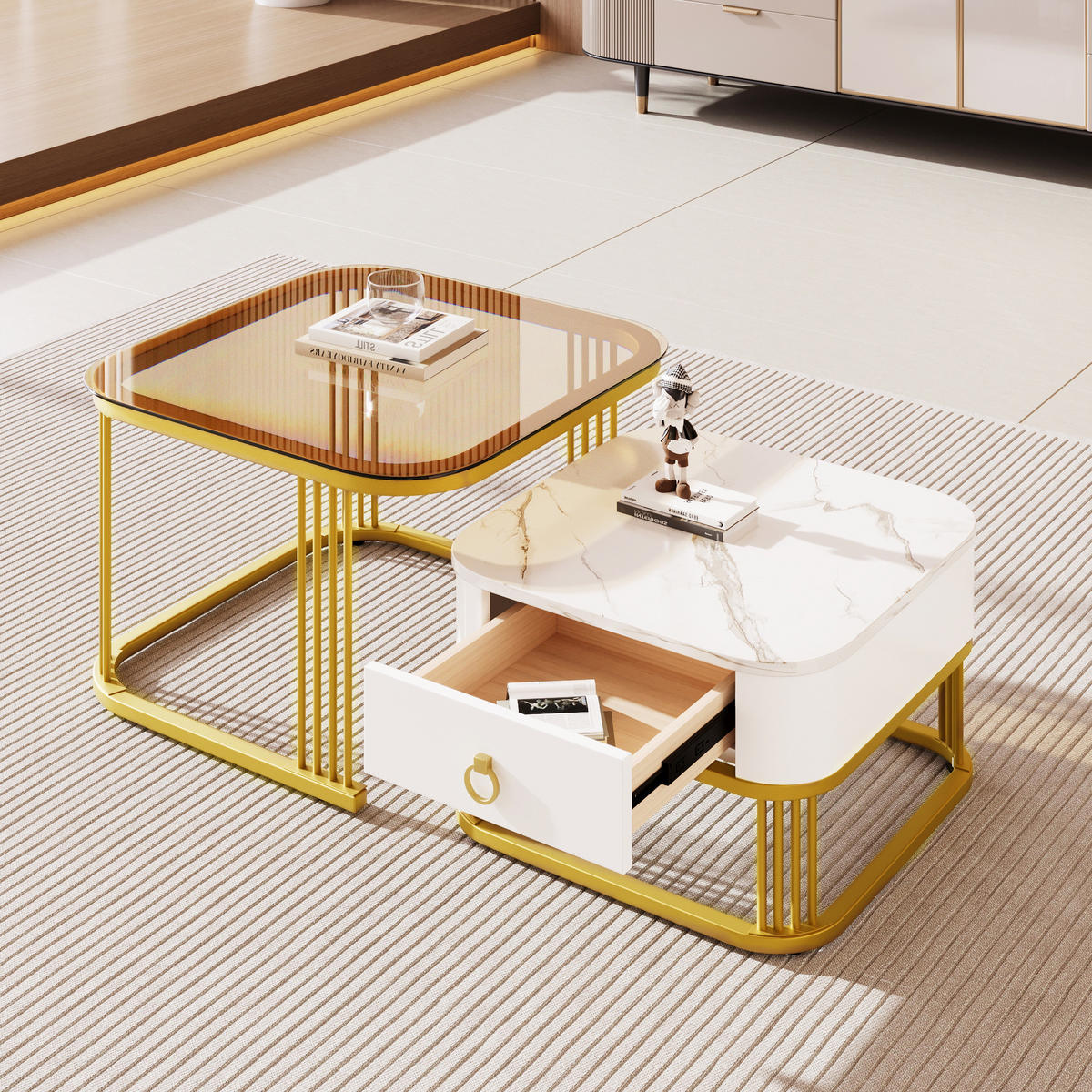 COUCHTISCH-SET, MDF Hochglanz-Marmoroptik, Goldakzente, mit Schublade, 60/60/42,5 + 50/50/34 cm, Weiß und Gold und Teebraun - Braun, Holzwerkstoff (60/60/42.5cm) - Redom