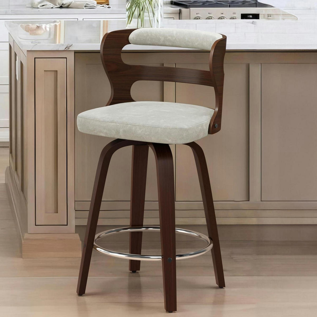 BARHOCKER 66 cm Set mit Lehne und Armlehnen Holz Kunstleder Beige - Beige, Holzwerkstoff (46/94/54cm)