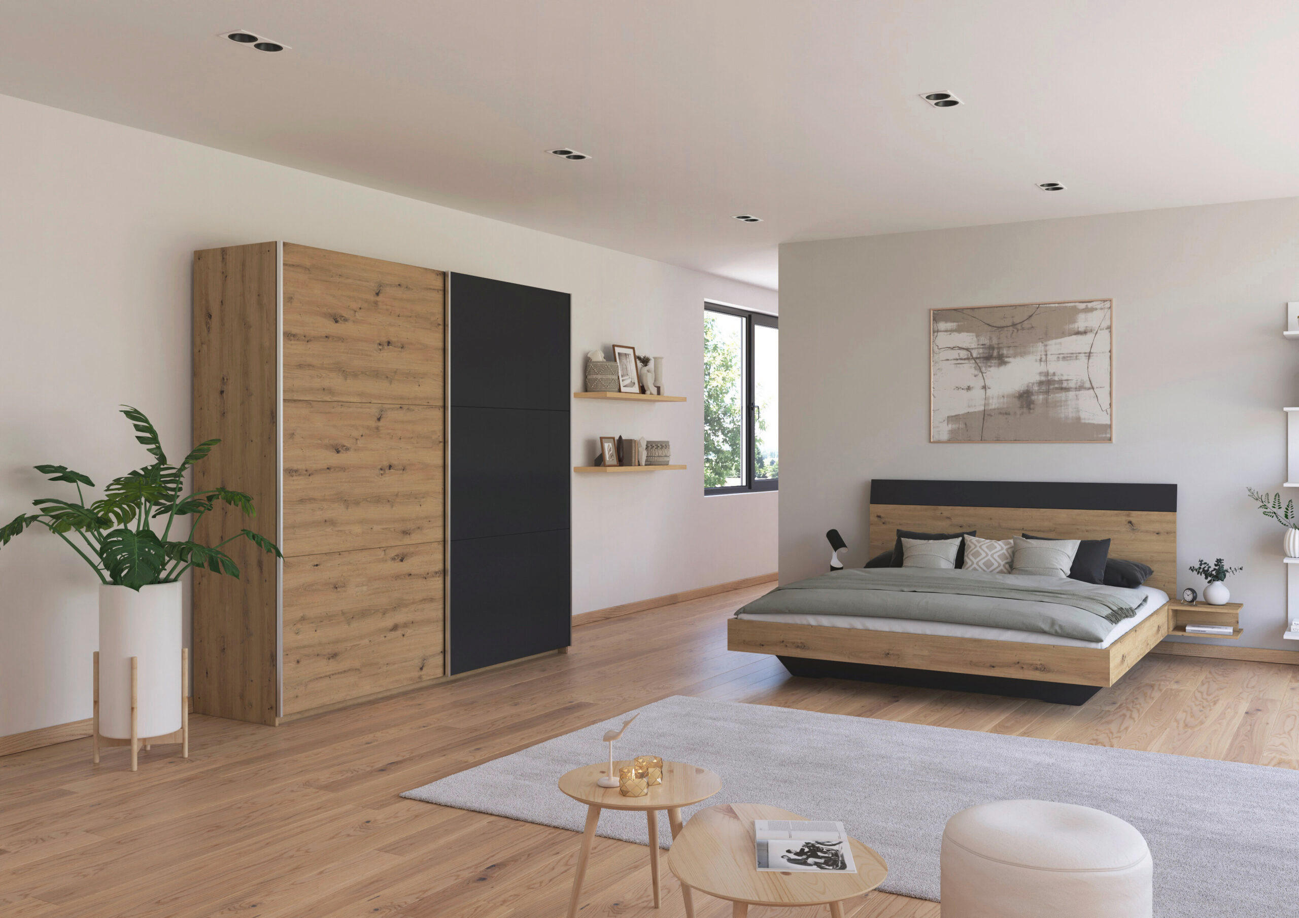 SCHLAFZIMMER Monza in Eiche Artisan und Grau Metallic mit Bettanlage 180x200cm, 2 Nachttischen und Schwebetürenkleiderschrank 4türig ohne Spiegel - Braun, Holzwerkstoff (80/200/120cm)