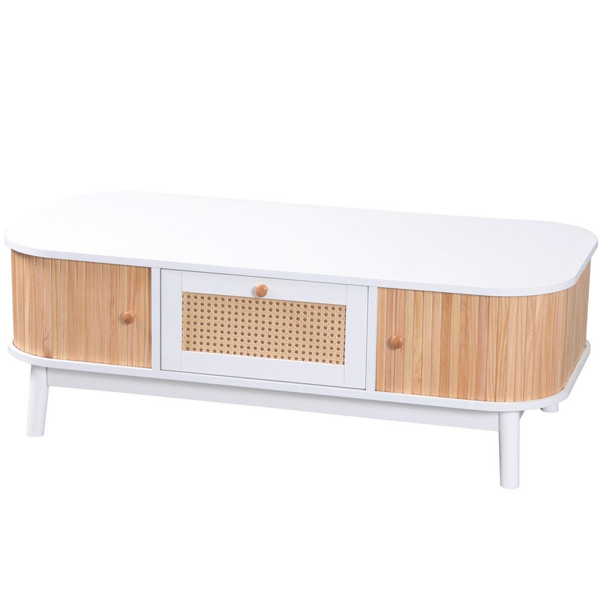 COUCHTISCH Rattan Landhausstil Schubladen Schiebetüren Massivholzbeine Weiß - Weiß, Holz (124/64/13.5cm) - FLIEKS